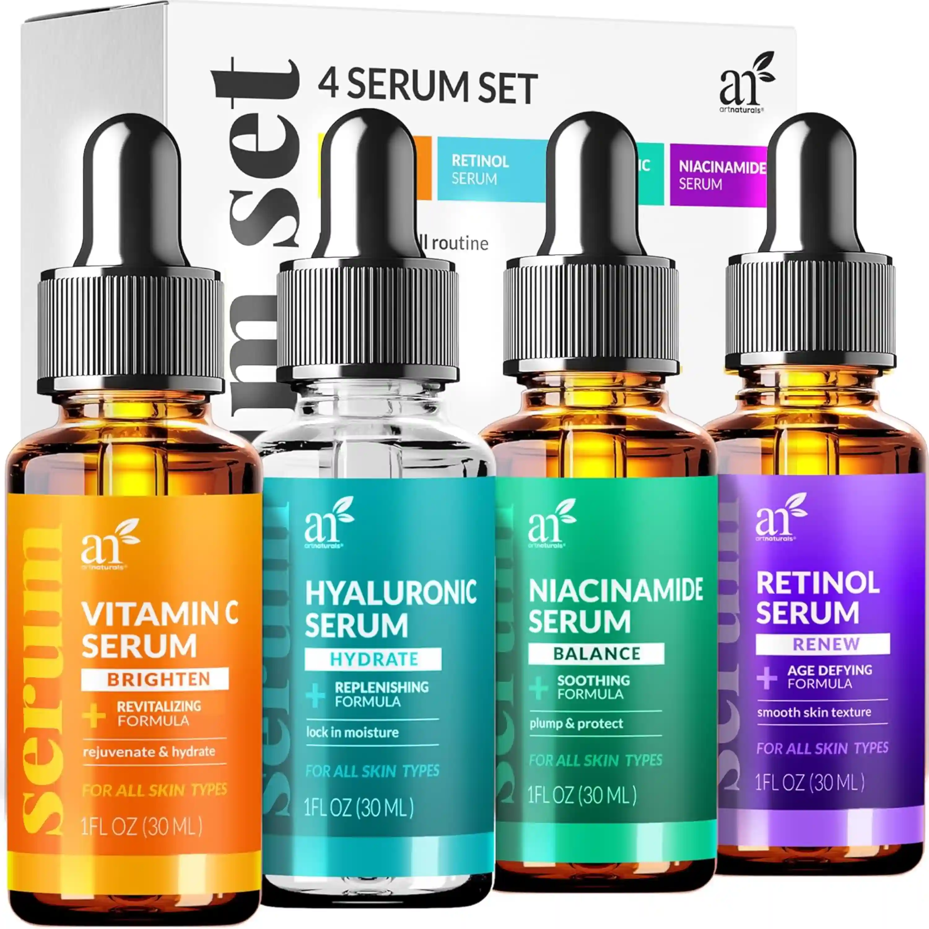 ArtNaturals Vitamin C Skincare Serum Set Four Piece Anti Aging Kit with Retinol Hyaluronic Acid Niacinamide