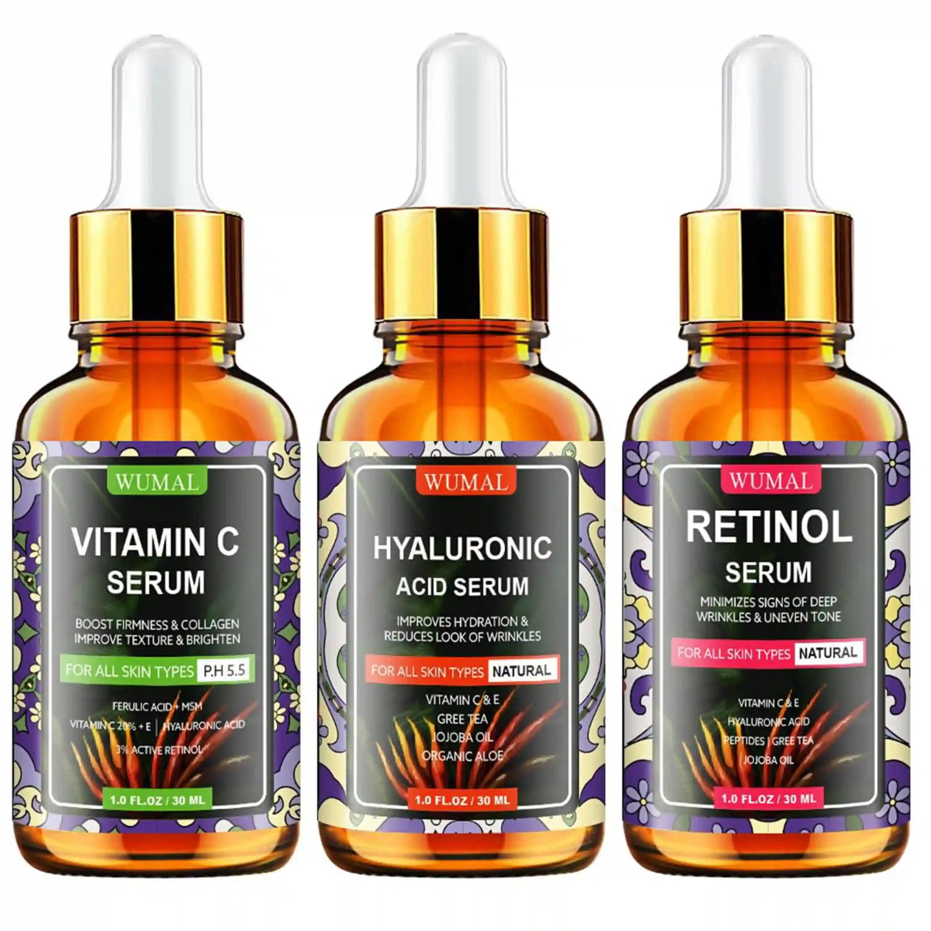 Three Pack Face Serum Set with Vitamin C Retinol and Hyaluronic Acid for Firming Brightening and Hydrating Skin