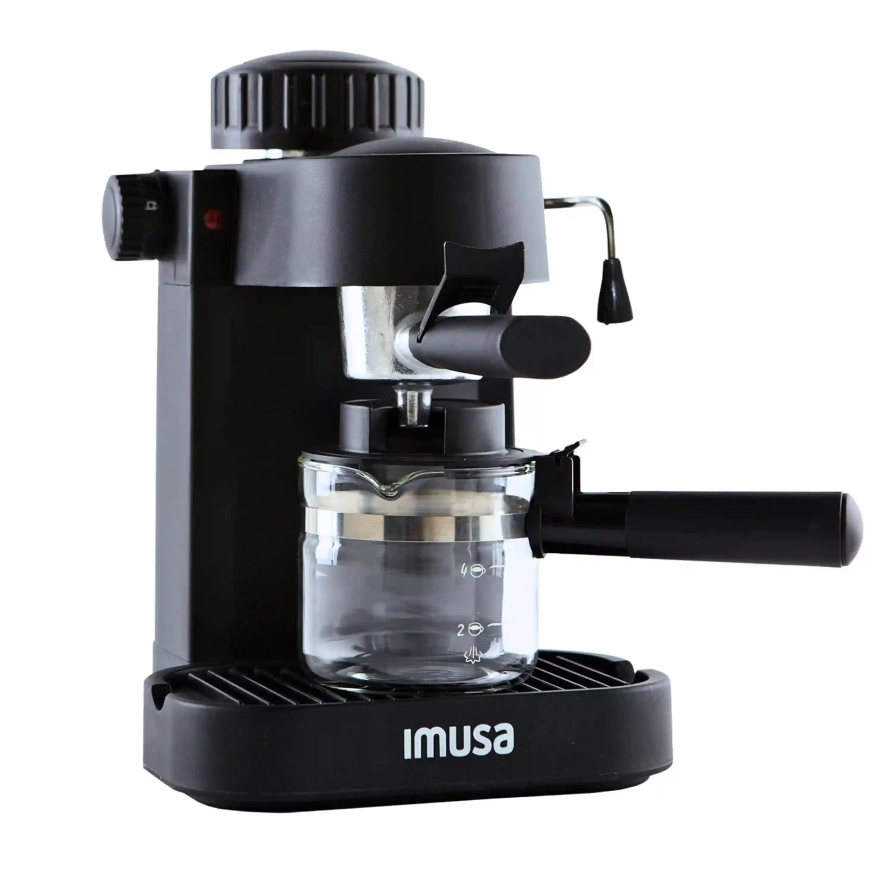 IMUSA 4 Cup Electric Espresso Cappuccino Coffee Maker Black Matte Finish with Milk Frother
