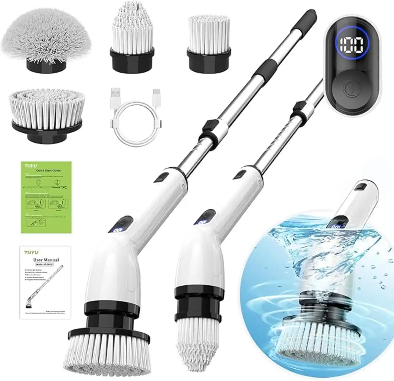 TUYU Cordless Electric Spin Scrubber with Extendable Handle, LCD Display, and 4 Brush Heads