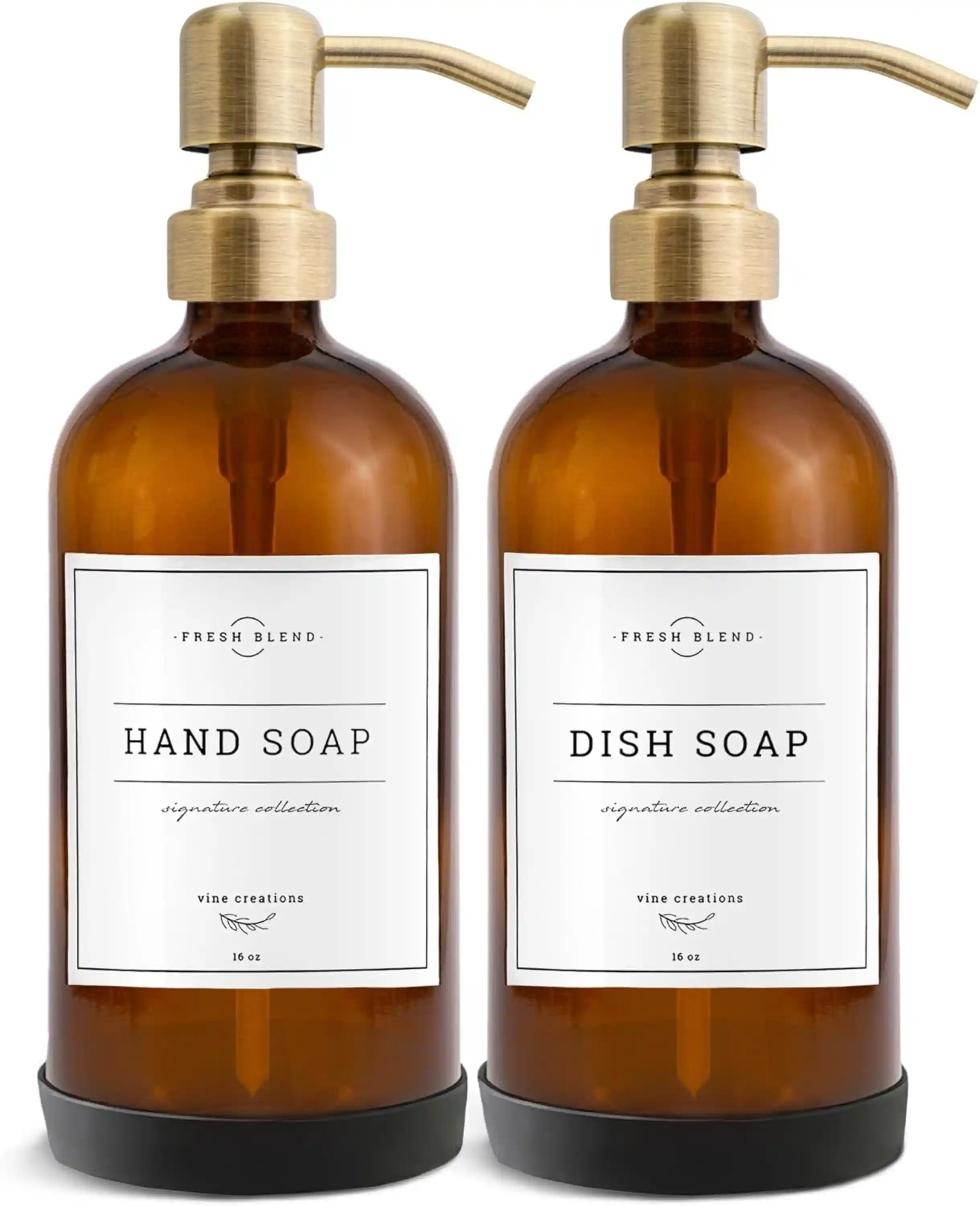 Vine Creations Amber Glass Soap Dispenser Set with Stainless Steel Pump 16 Oz 2 Pack