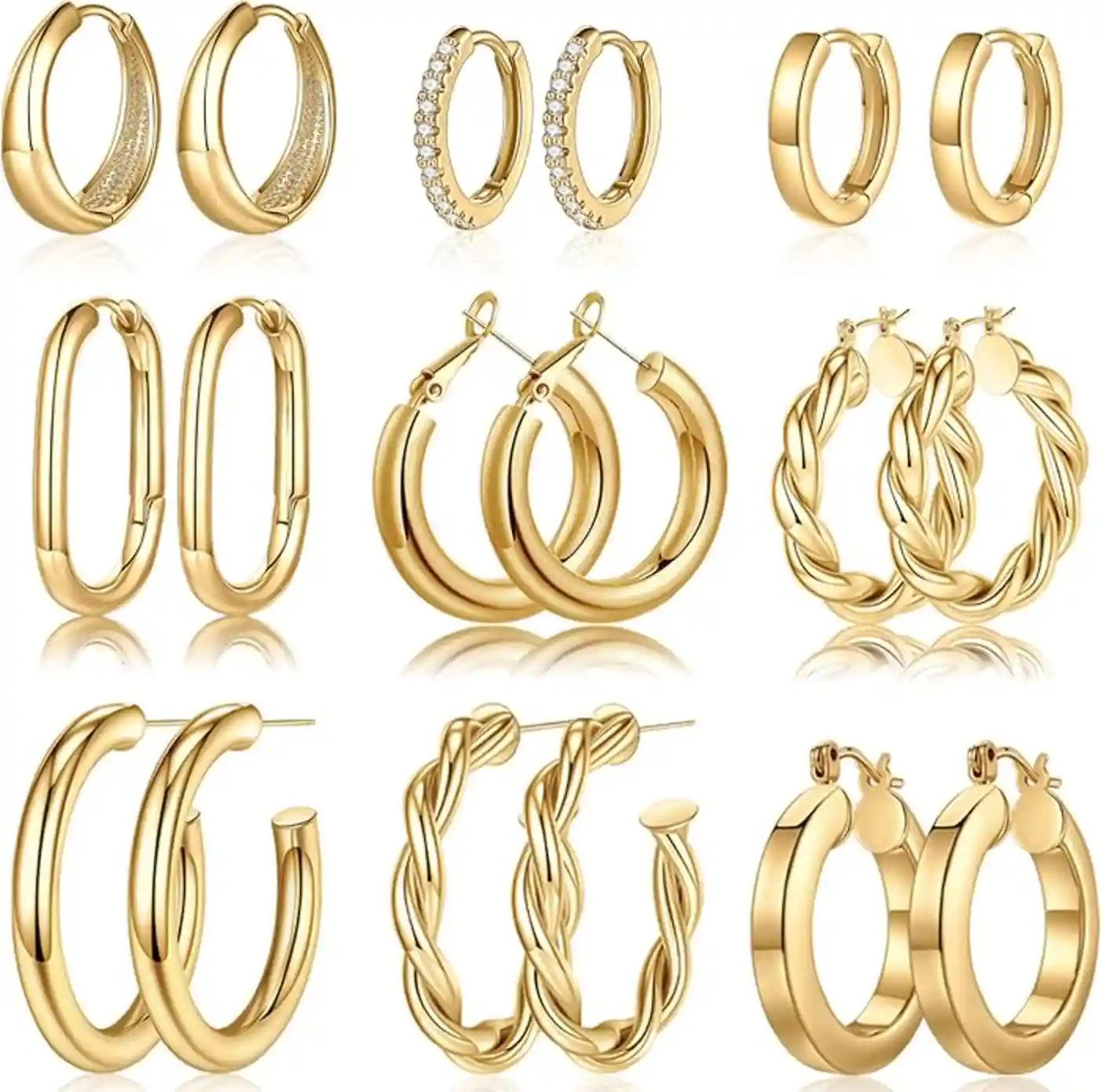 9 Pairs 14K Gold Plated Chunky Hoop Earrings Set Hypoallergenic Lightweight Earrings for Women