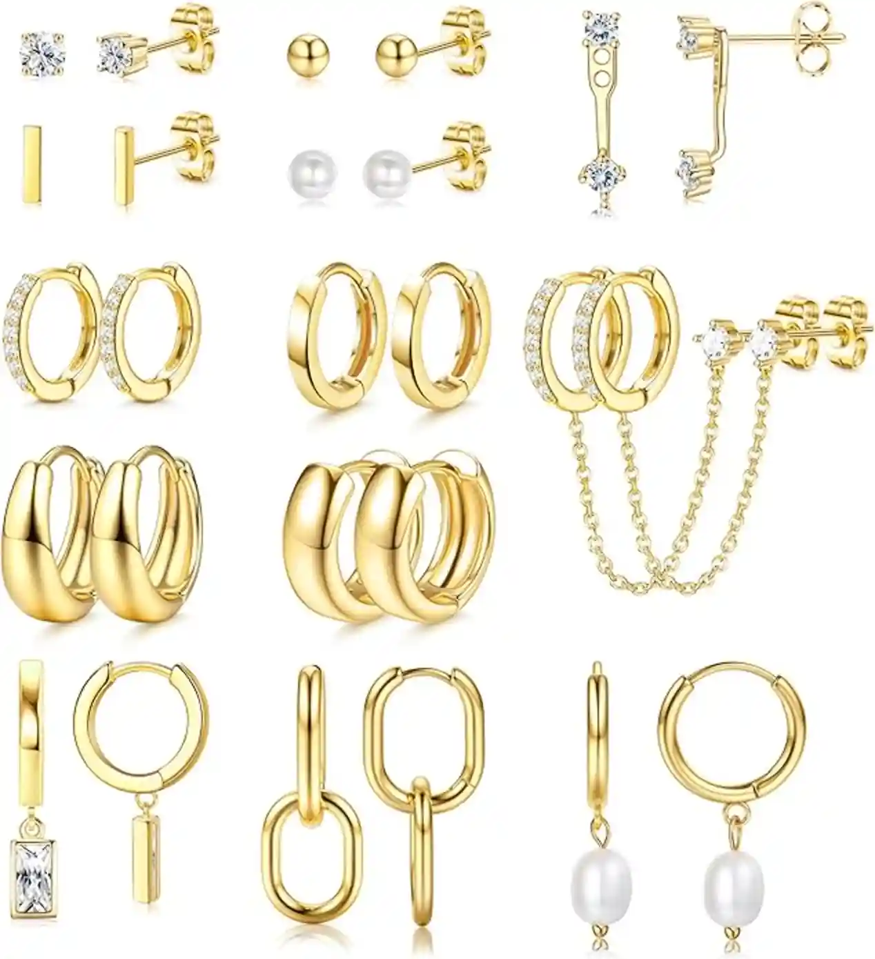 BESTEEL 13 Pairs Small Stud Hoop Earrings Set 14K Gold Plated Surgical Steel Hypoallergenic Non Tarnish Jewelry