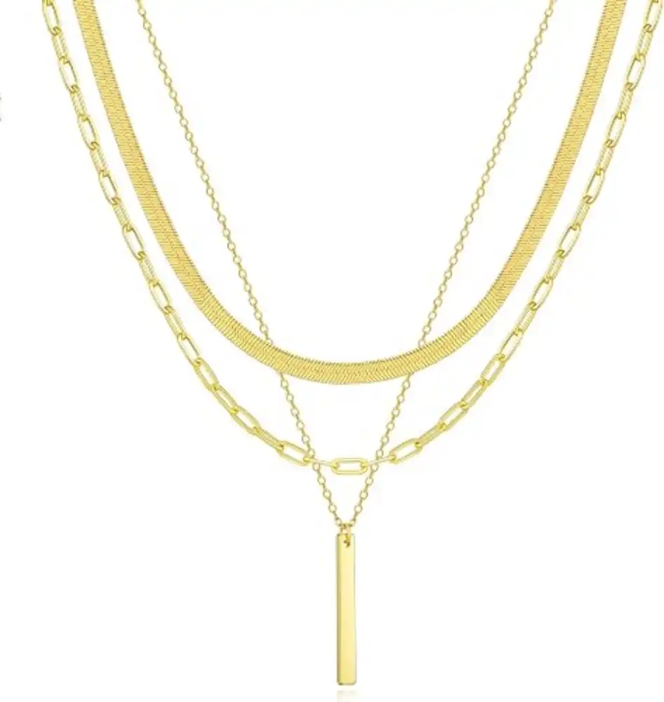BERISO 14K Gold Plated Layered Necklace for Women Minimalist Pendant Dainty Gold Jewelry