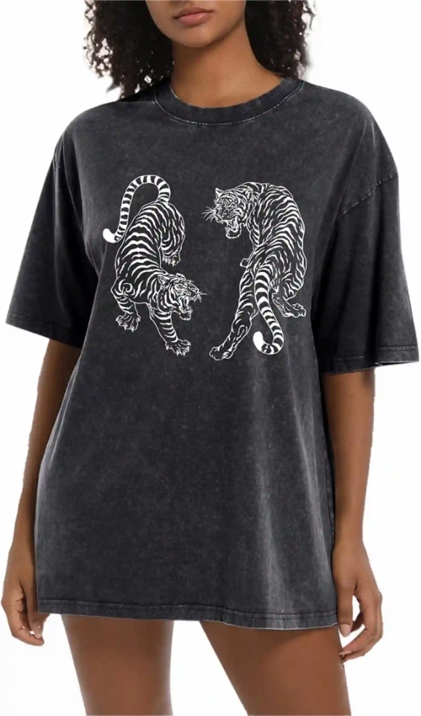 Tiger Graphic Tees Shirt for Women Oversized Streetwear Acid Wash Cotton Tops