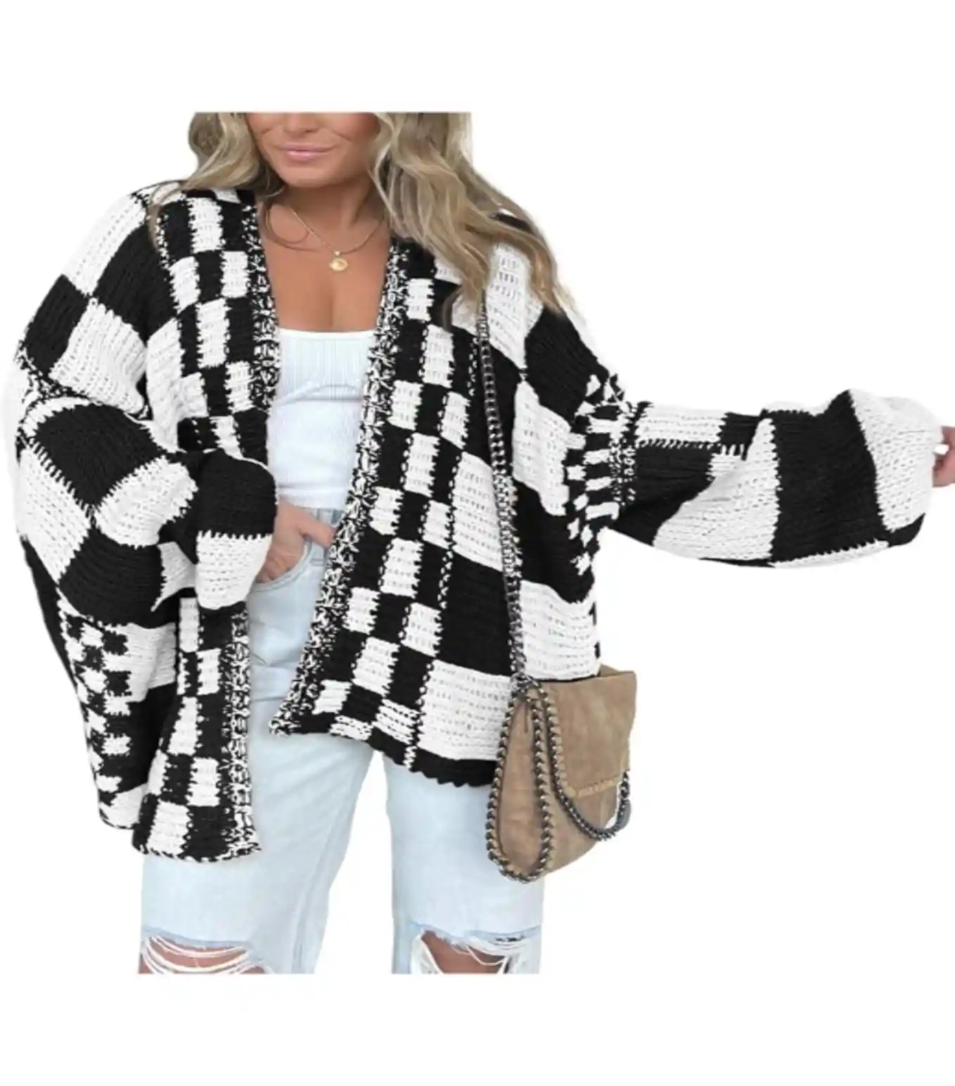 BTFBM Women Casual Open Front Checkered Chunky Knit Cardigan Sweater Loose Outwear Coat
