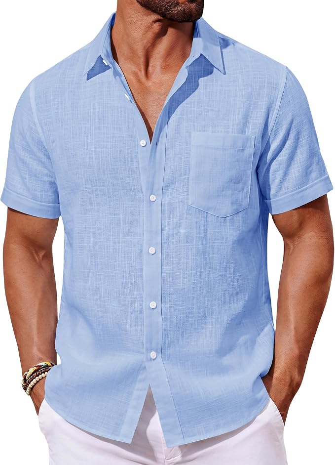 J.VER Mens Linen Shirt Short Sleeve Button Down Casual Summer Beach Vacation Shirts with Pocket