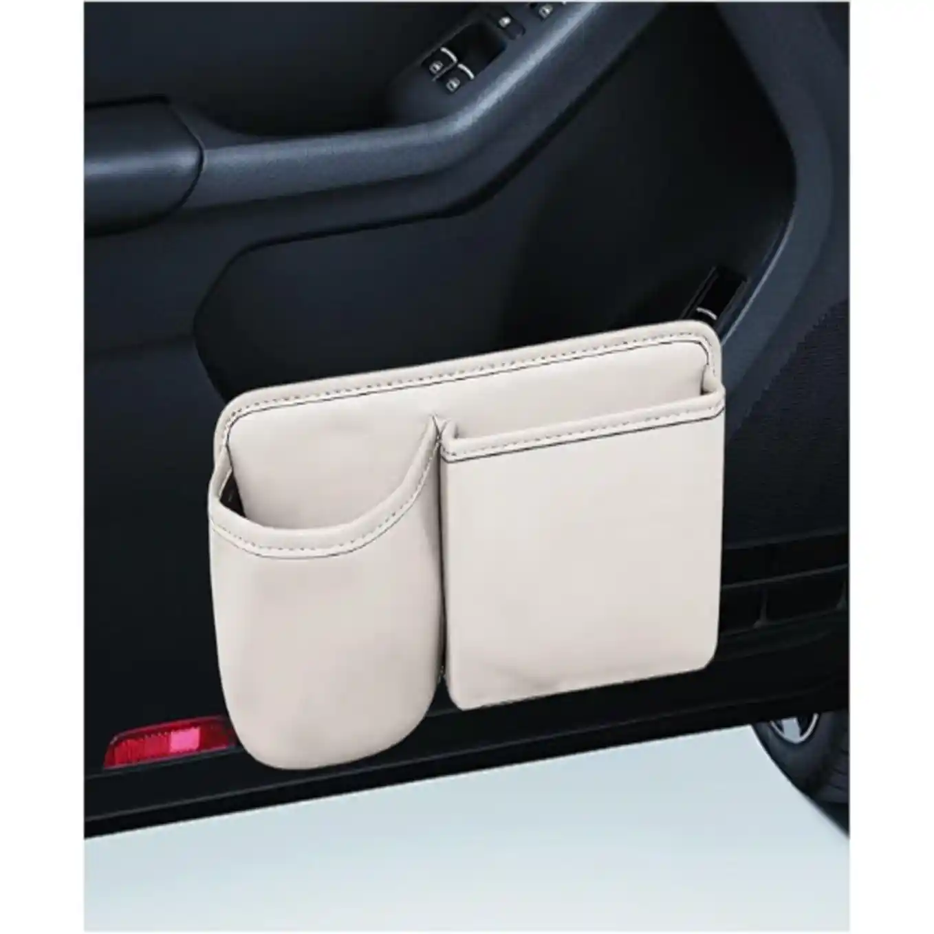 QEUOBUE Leather Car Side Door Organizer Pouch with Built-In Cup Holder and Multi-Purpose Storage Pocket for Vehicles