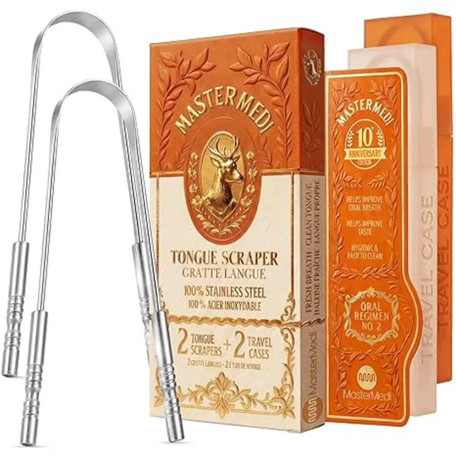 MasterMedi Tongue Scraper for Adults 2 Pack Stainless Steel with Cases