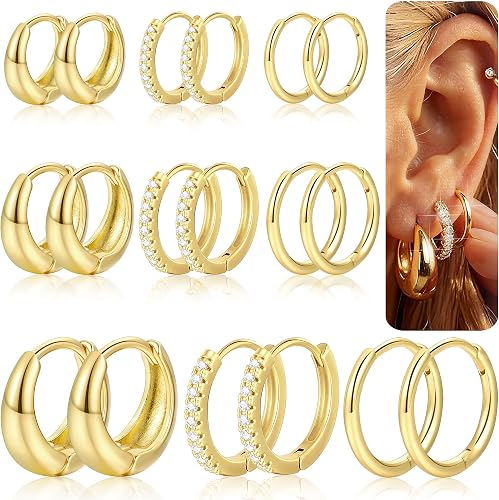 YEEZII 9 Pairs 14K Gold Plated Stackable Huggie Hoop Earrings Set