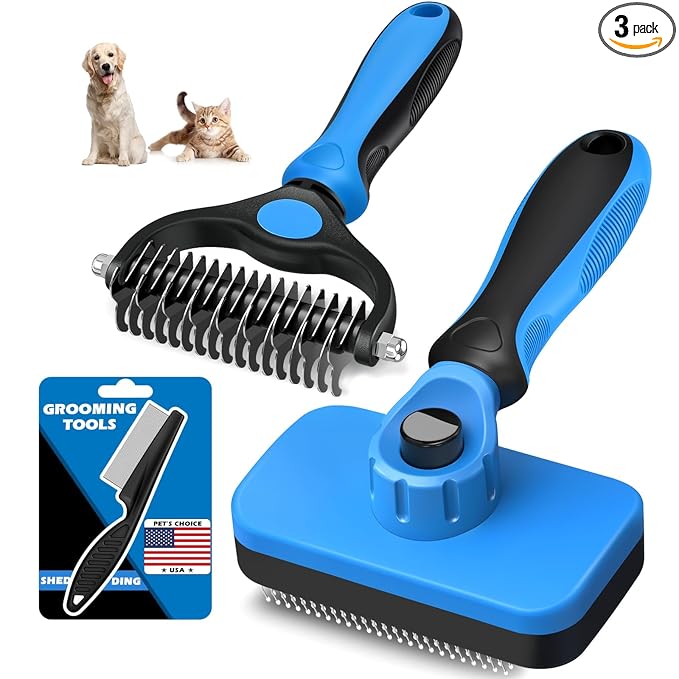 Augwind Professional Three Piece Self Cleaning Slicker Brush Grooming Rake and Flea Comb Kit