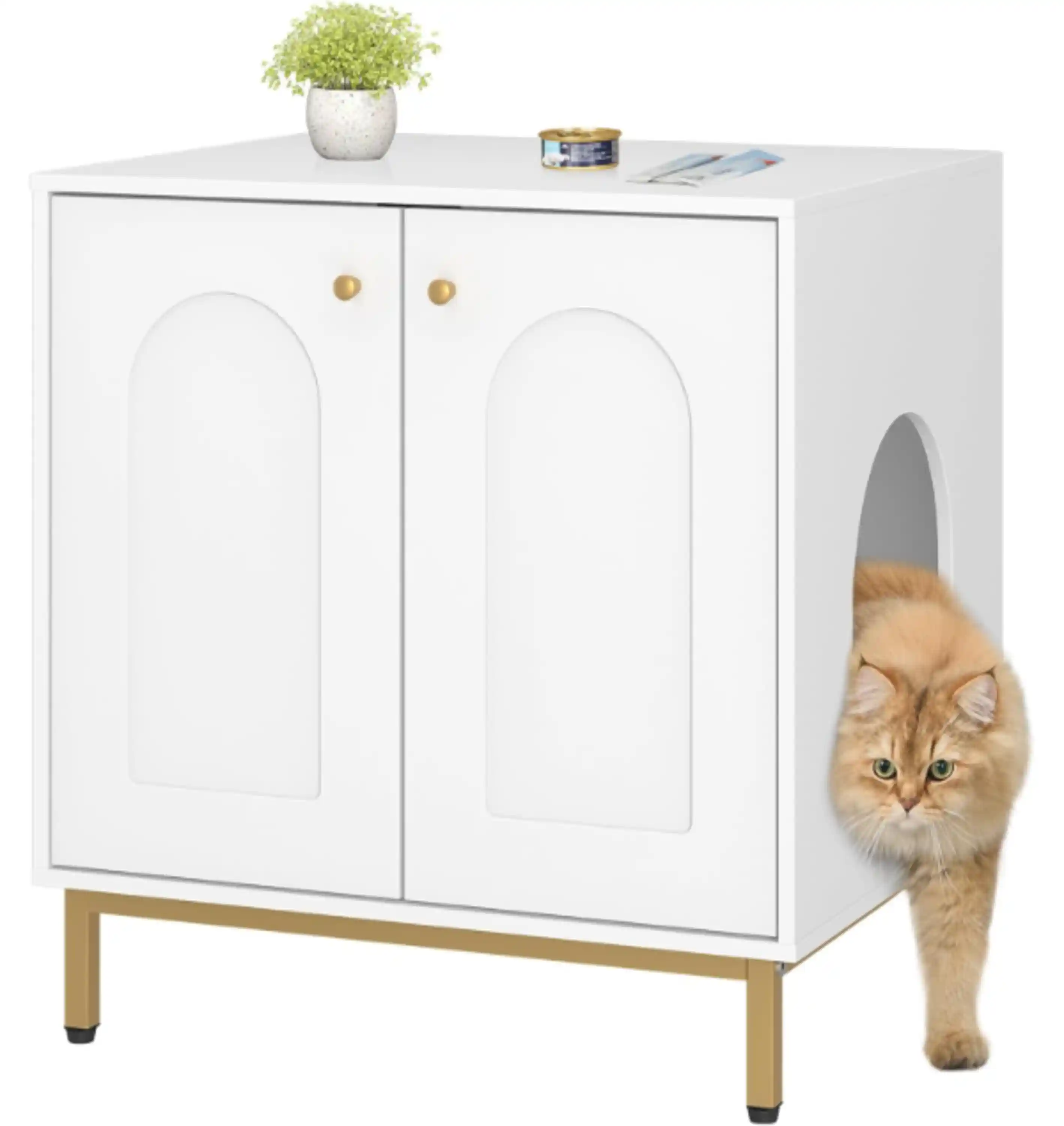 Hzuaneri Cat Litter Box Enclosure Hidden Furniture Sisal Mat White Gold