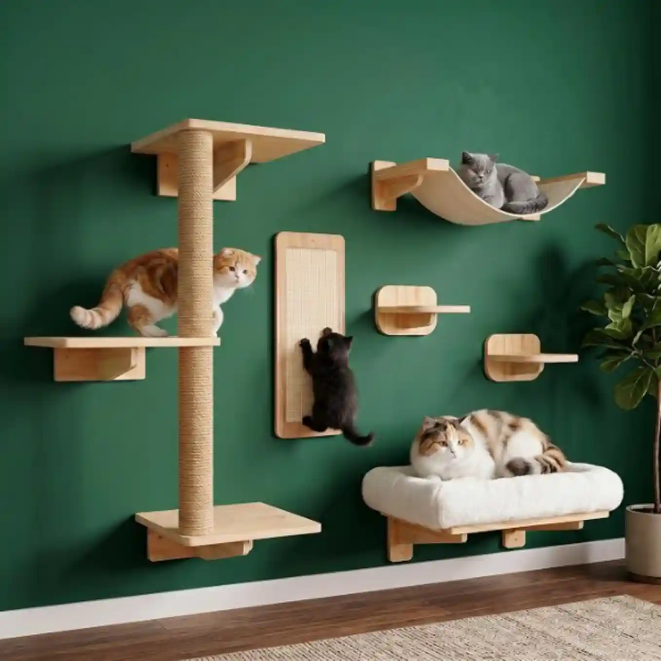 6in1 Cat Wall Shelves Large Mounted Climbing Tower System Modern Wooden Set White