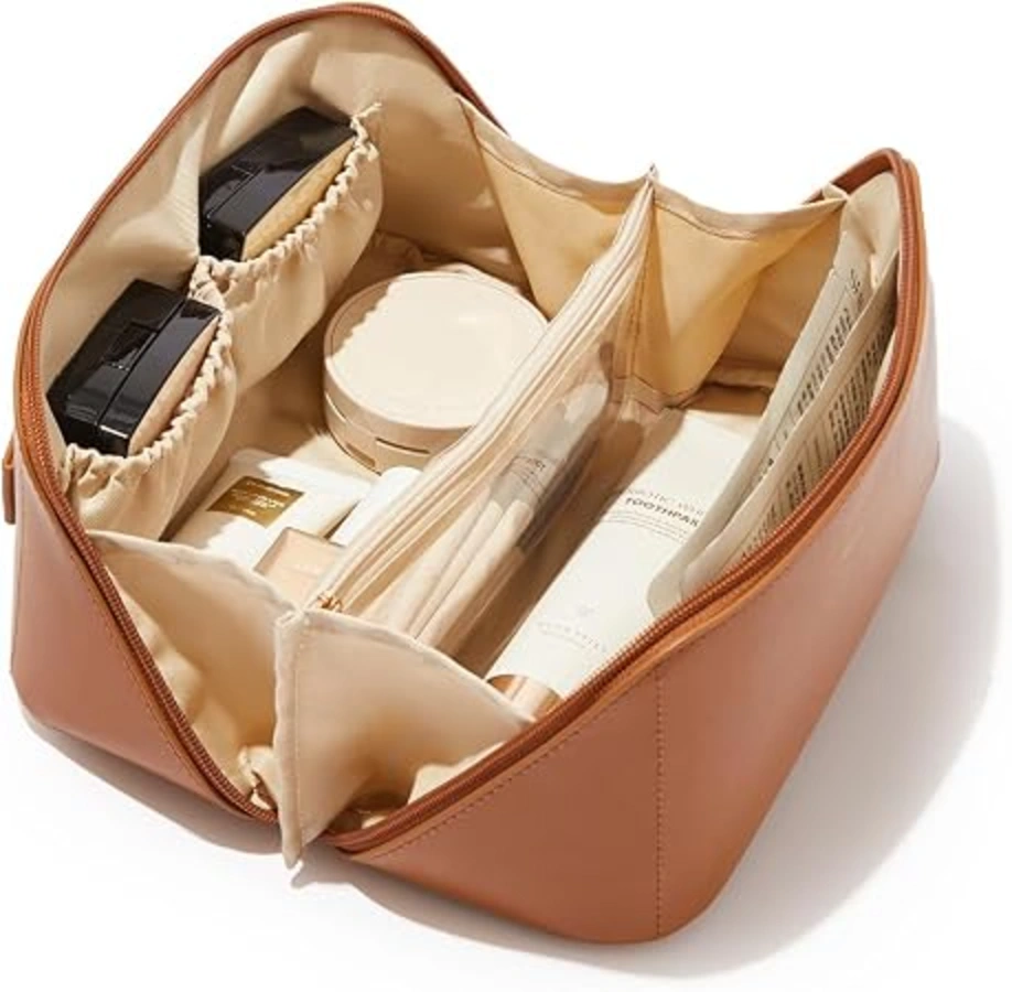 EACHY Travel Makeup Bag for Women PU Leather Cosmetic Bag Brown Medium