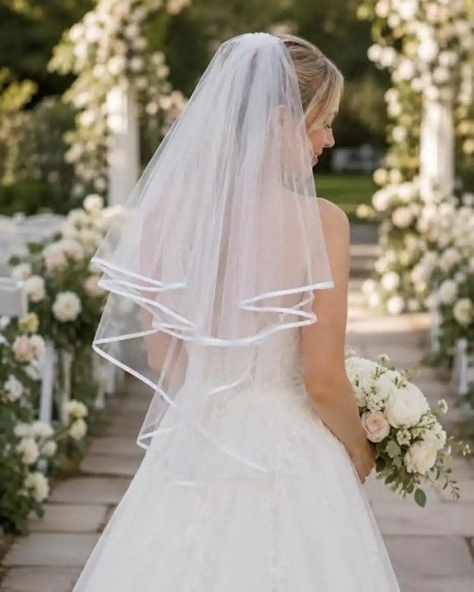 White Bridal Veil 2 Tier Veil with White Binding and Sash