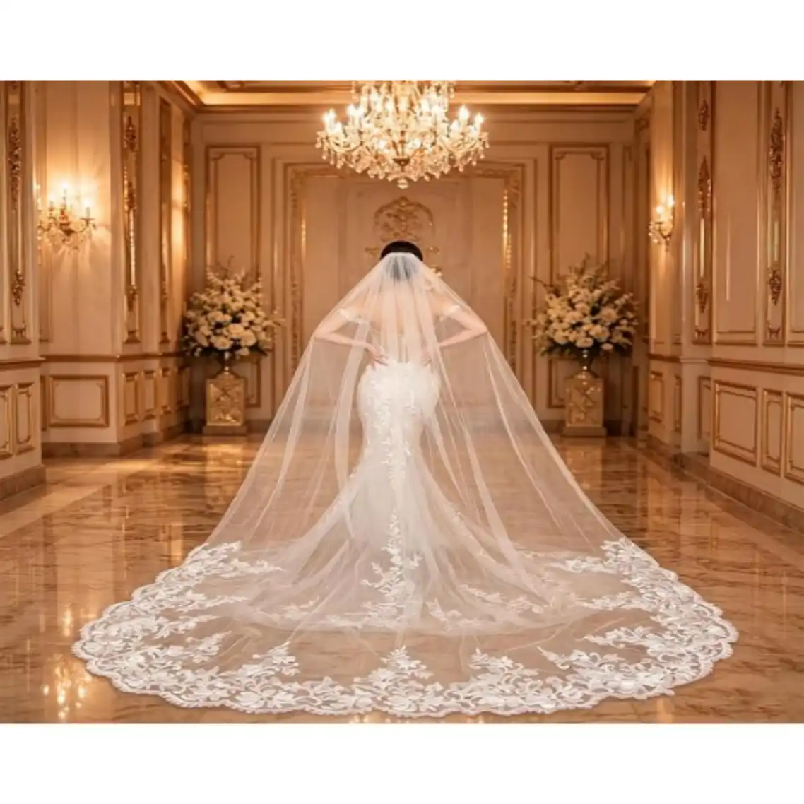 Cathedral Length Wedding Veil 1 Tier Lace Soft Tulle with Comb