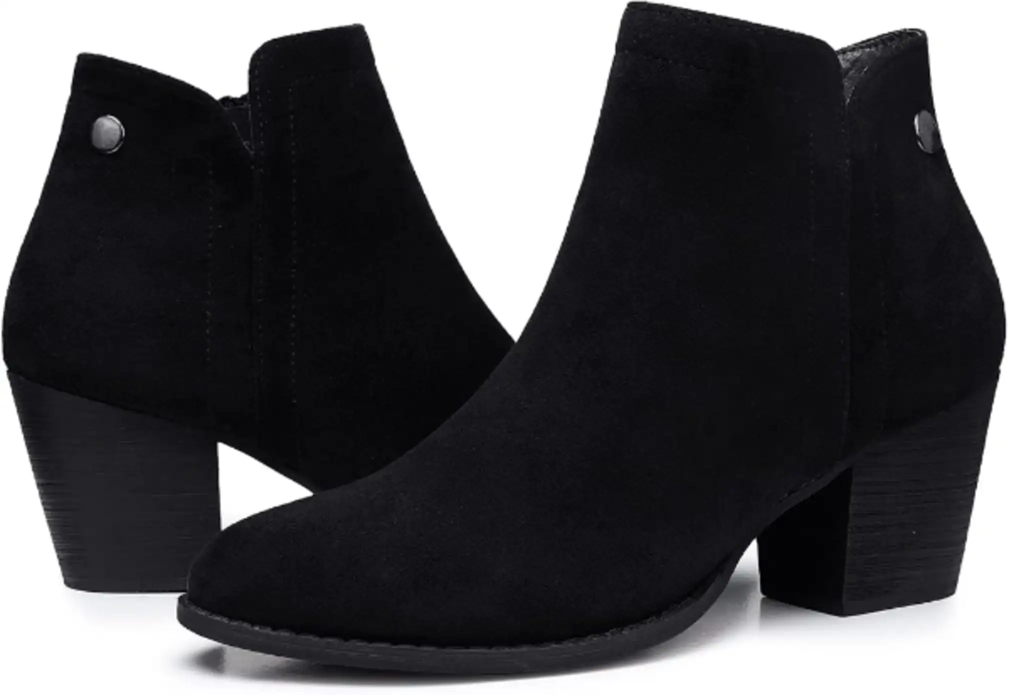 SHIBEVER Womens Chunky Low Heeled Almond Toe Ankle Boots Faux Suede Side Zipper Booties