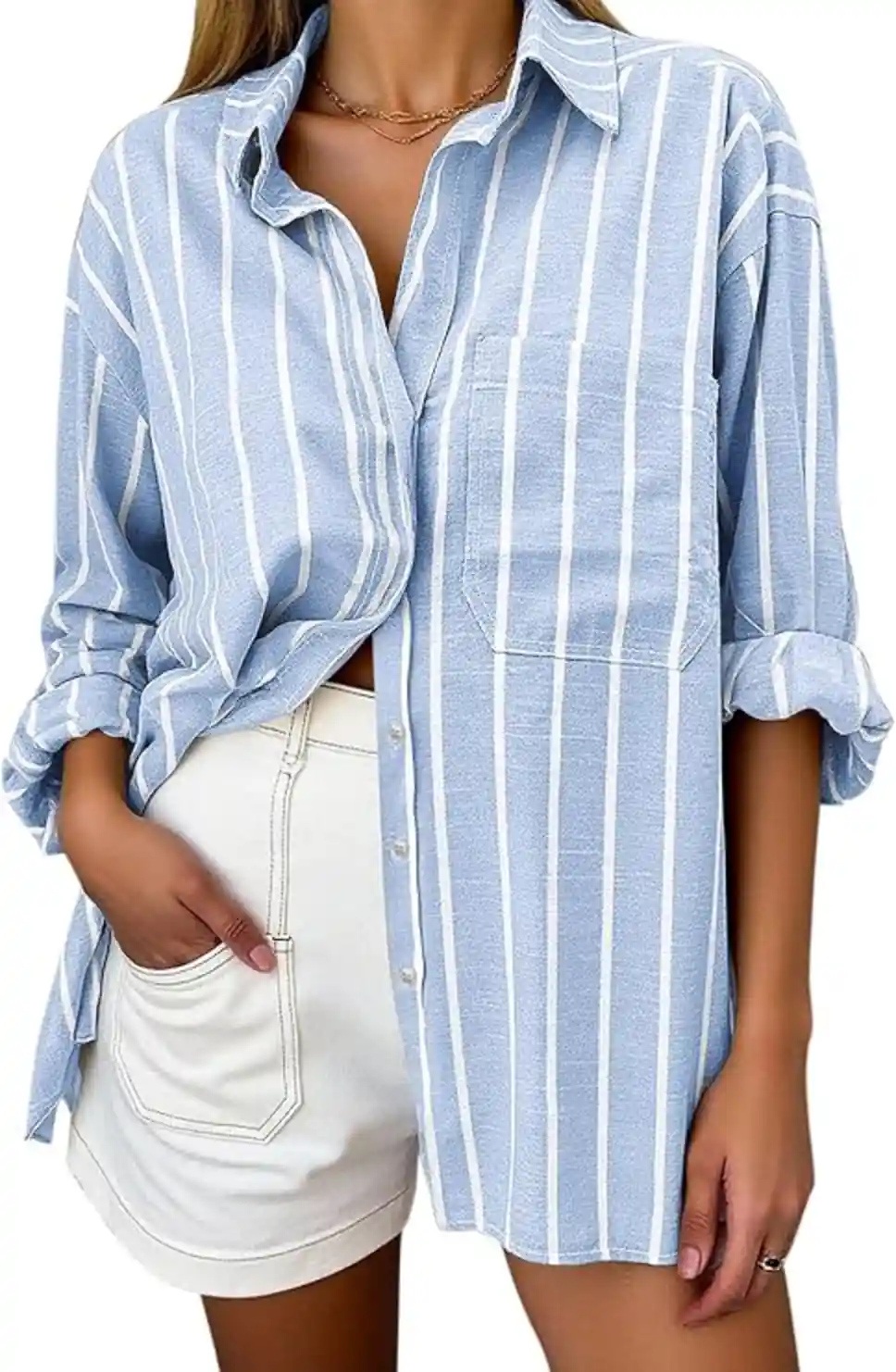 Aoudery Oversized Button Down Shirts for Women Striped Long Sleeve Collared Blouse