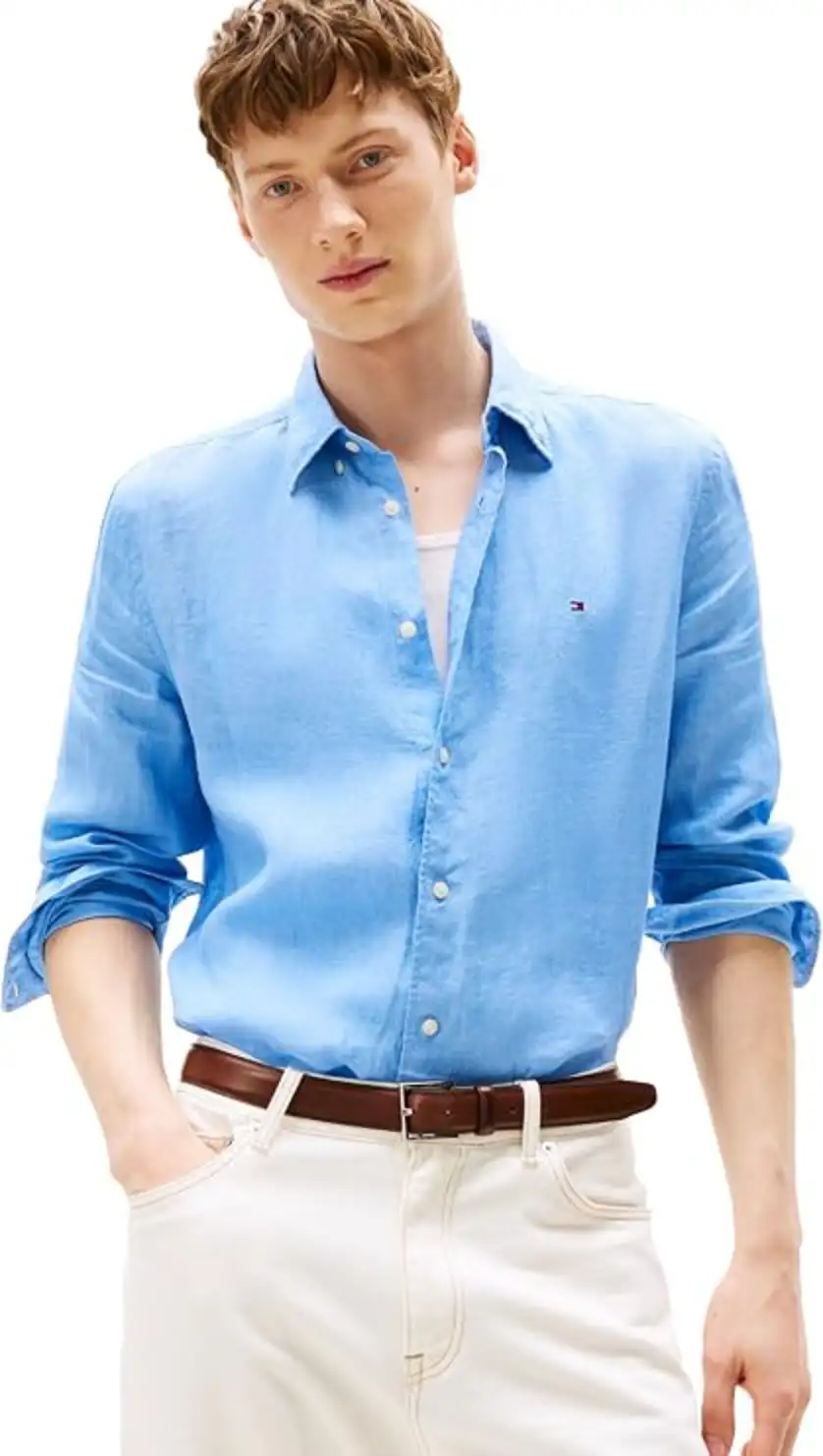 Tommy Hilfiger Men's Long Sleeve Casual Linen Button Down Shirt Regular Fit