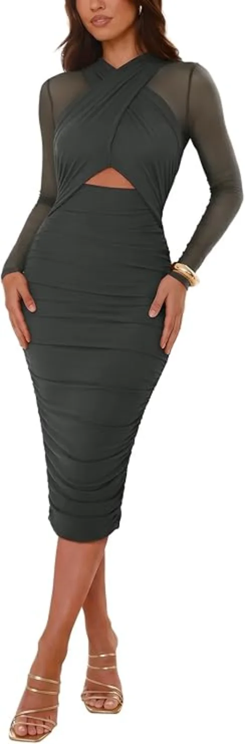 REORIA Womens Ruched Bodycon Midi Dress Sheer Mesh Long Sleeve Criss Cross Work Dress