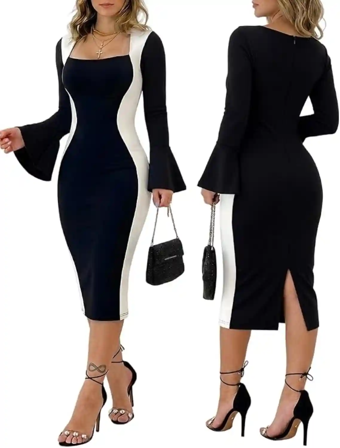 Womens Colorblock Square Neck Long Sleeve Midi Dress Bodycon Bell Sleeve Back Slit Evening Dress