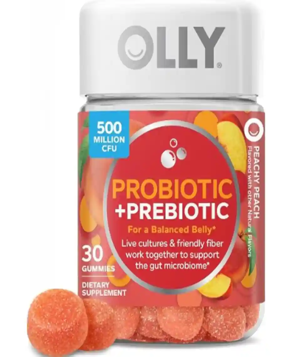 OLLY Probiotic + Prebiotic Gummy, 500 Million CFUs, Peachy Peach, 30 Count