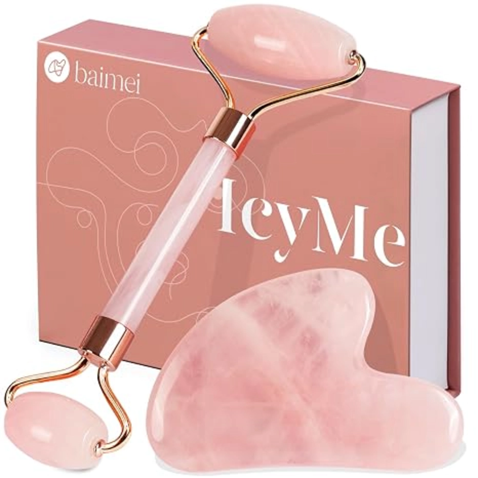 BAIMEI IcyMe Rose Quartz Roller and Gua Sha Facial Tool Set