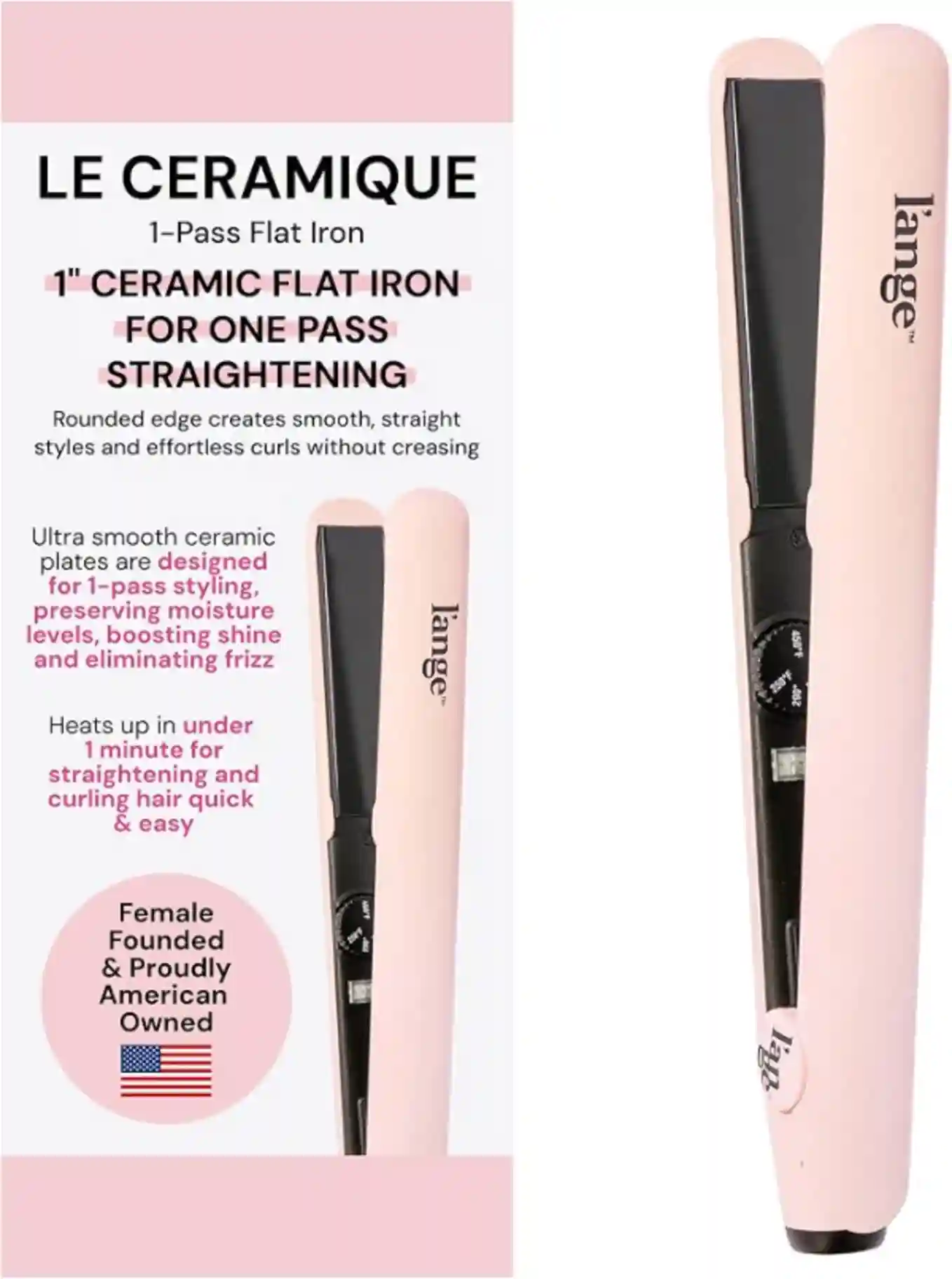 L'ANGE HAIR Le Ceramique 1-Pass Flat Iron Hair Straightener Blush