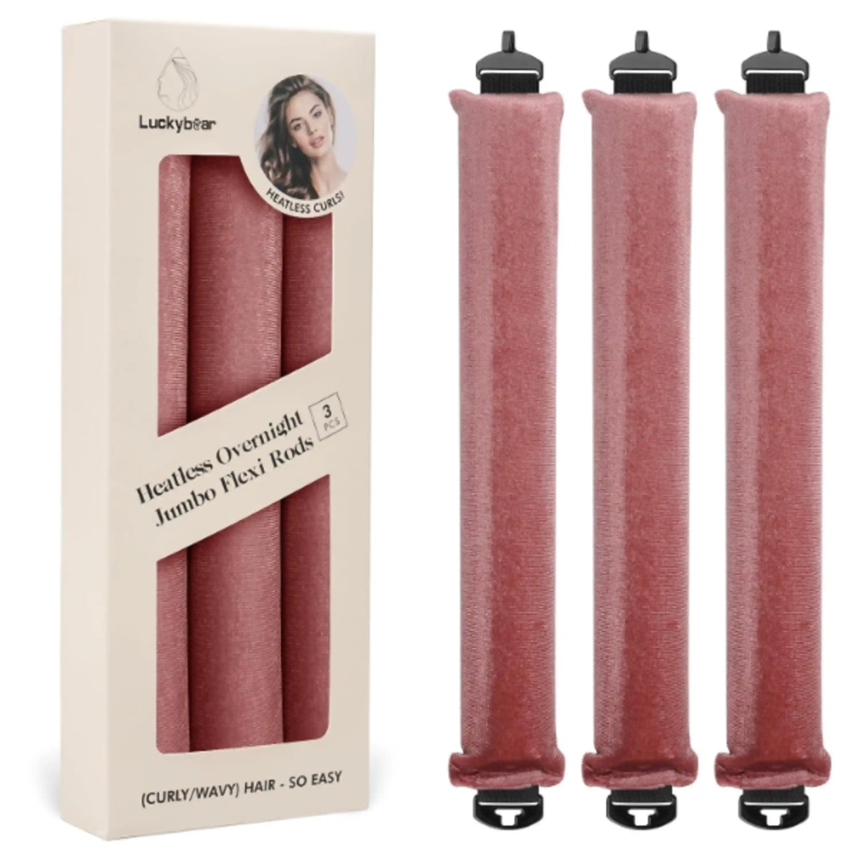 Luckybear Heatless Hair Curlers 3pcs Satin Jumbo Flexi Rods Dark Pink