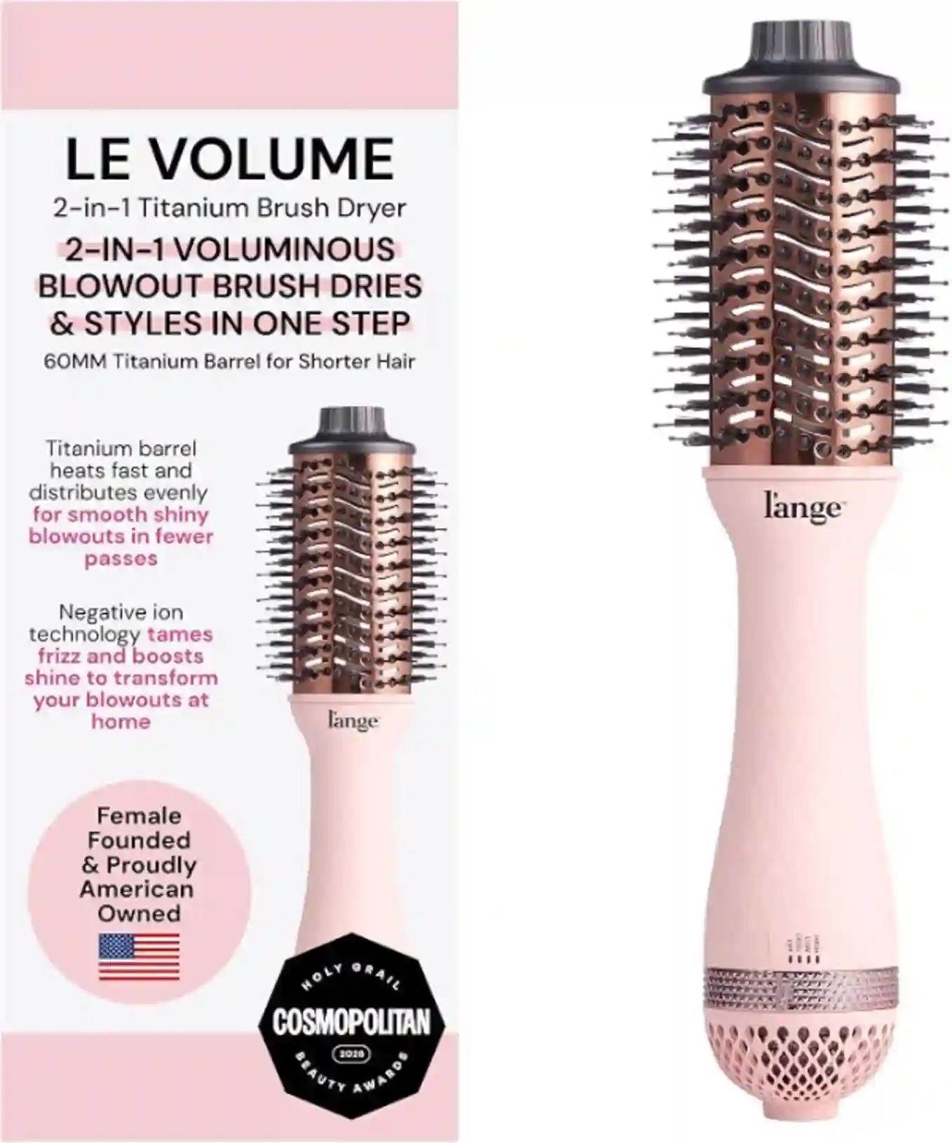 L'ANGE HAIR Le Volume 2 in 1 Titanium Blow Dryer Brush Blush 60mm