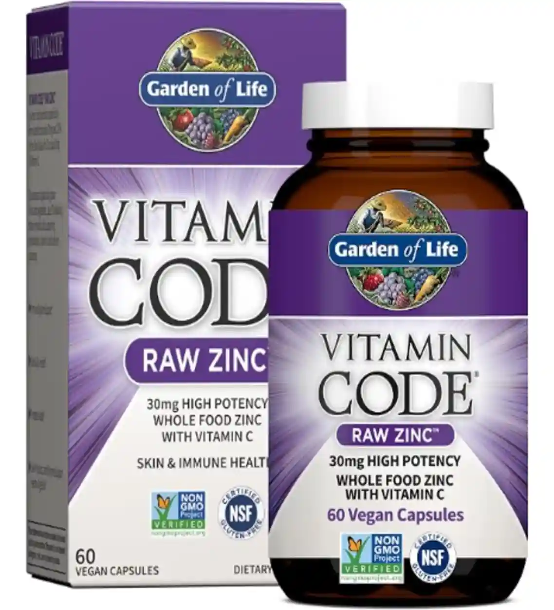 Garden of Life Raw Zinc Supplement Vitamin C Trace Minerals Probiotics 60 Vegan Capsules