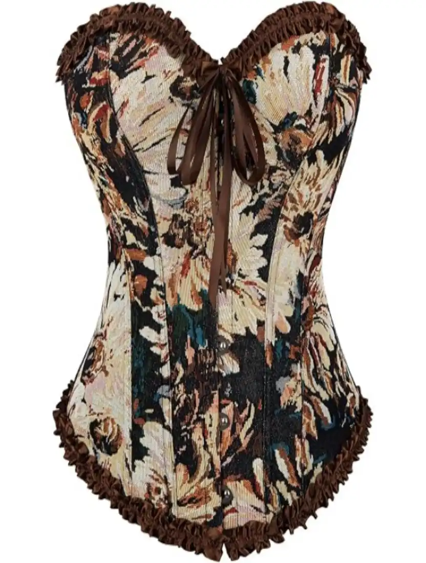 Vintage Renaissance Corset Top Floral Overbust Boned Lace Up Bustier Body Shaper