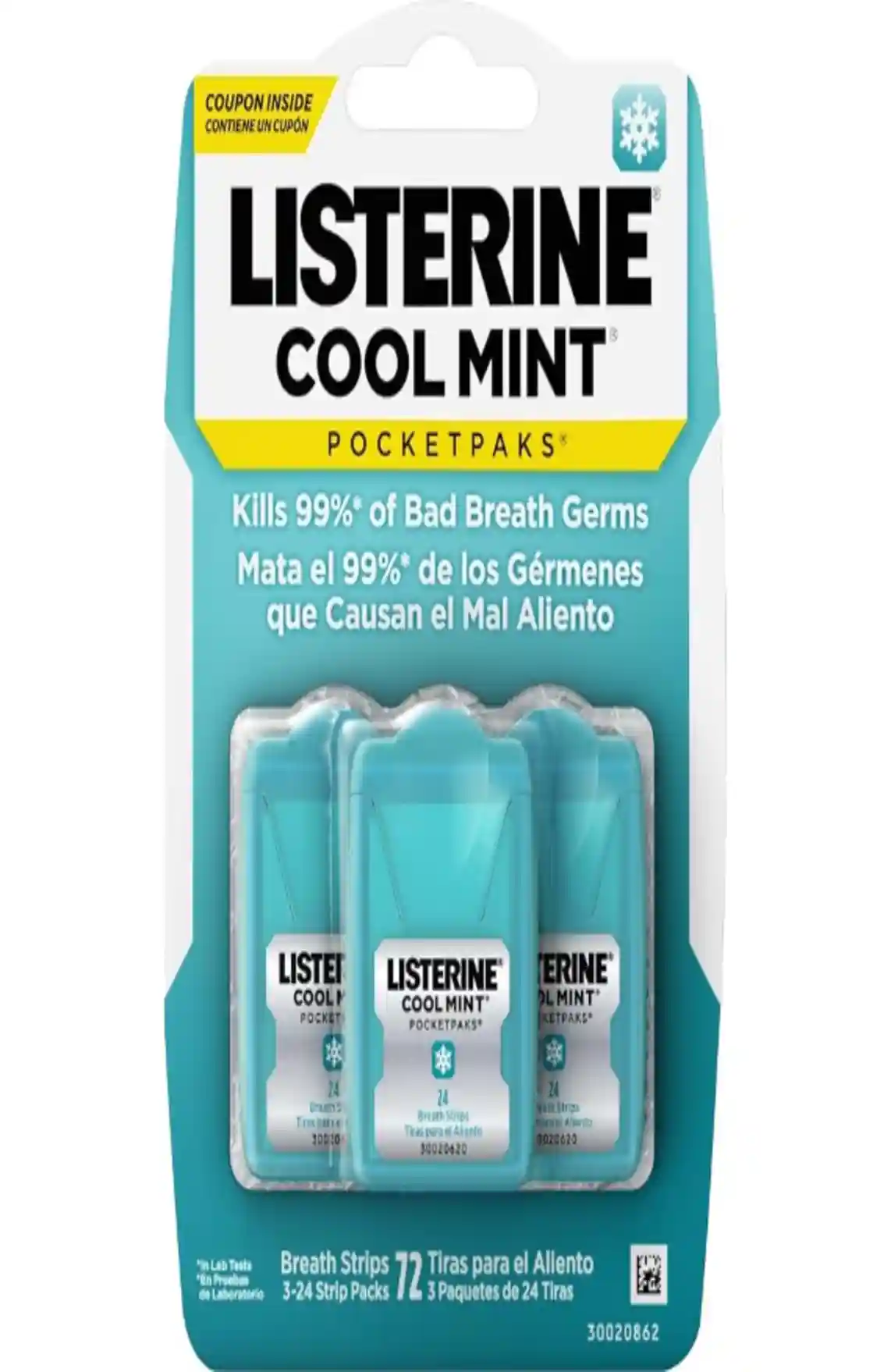 Listerine PocketPaks Breath Strips Cool Mint Three Pack Seventy Two Strips