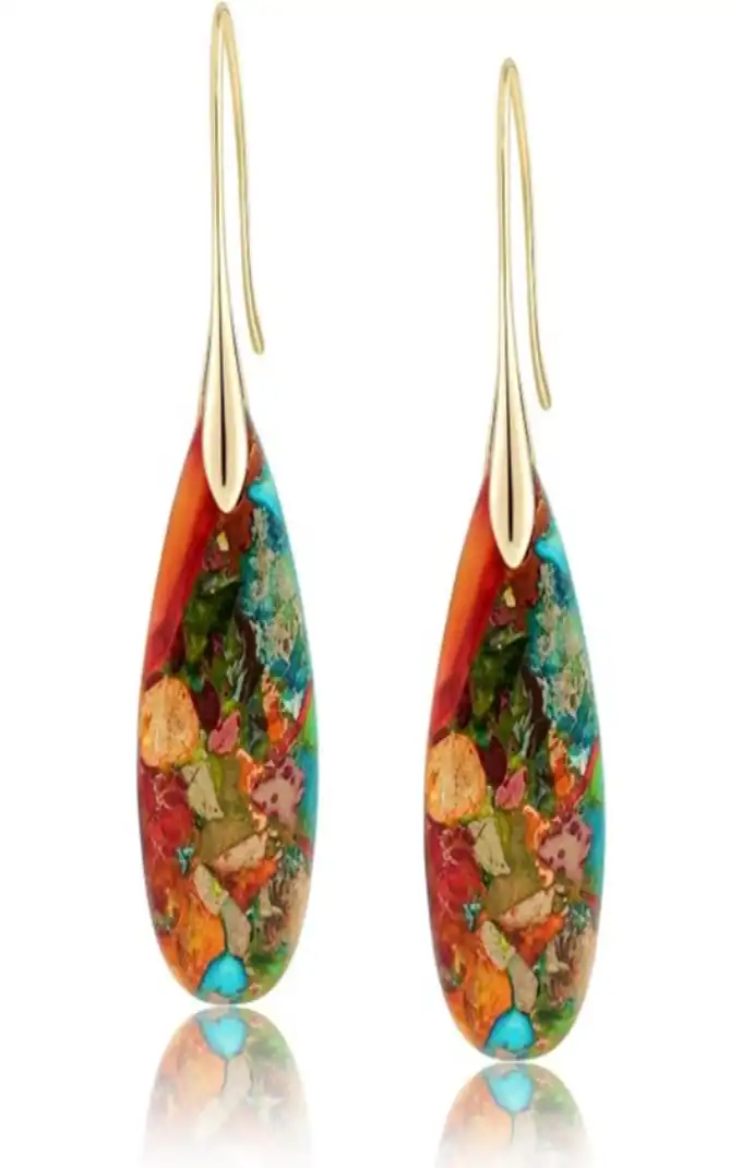 Sriomu Natural Healing Stone Fishhook Dangle Drop Statement Earrings