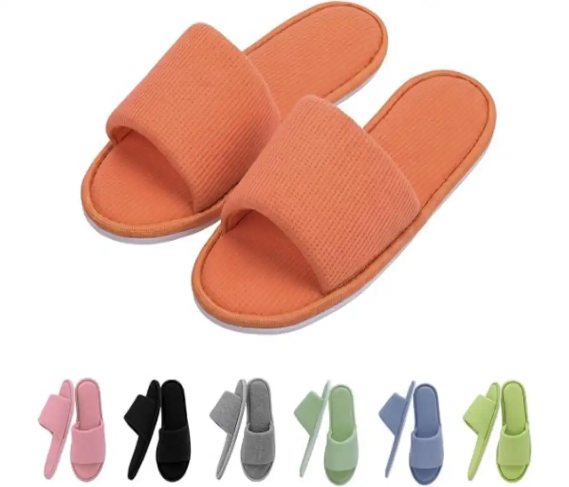 Womens Open Toe House Slippers Waffle Fabric Memory Foam Indoor Slippers