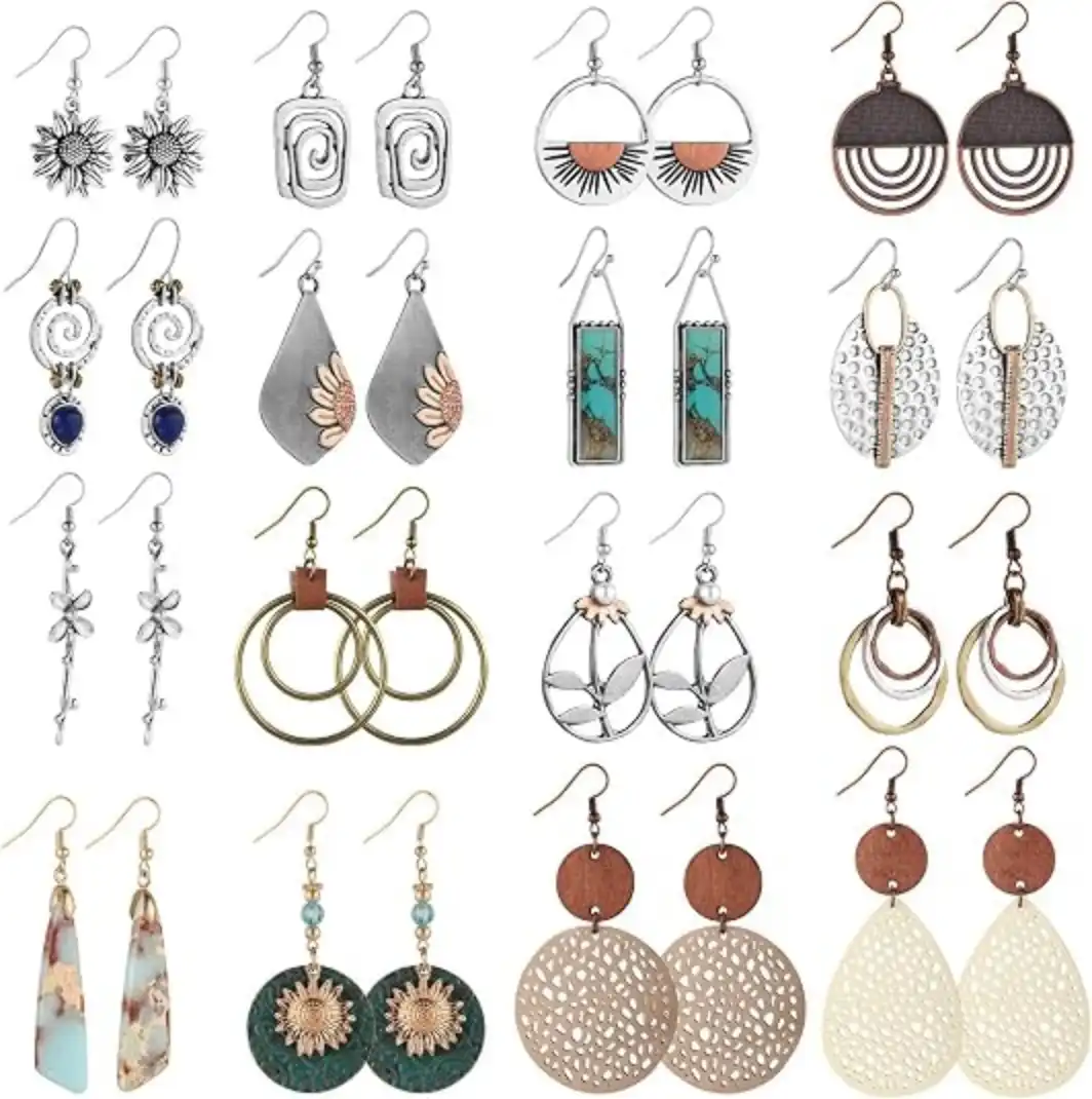 16 Pairs Funtopia Boho Dangle Earrings Set Vintage Geometric Wooden Leather Statement Earrings