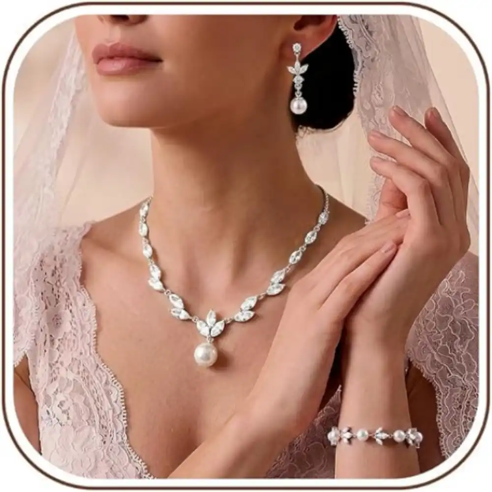 Florideco 3Pcs Pearl Bridal Jewelry Set Drop Earrings Necklace Bracelet