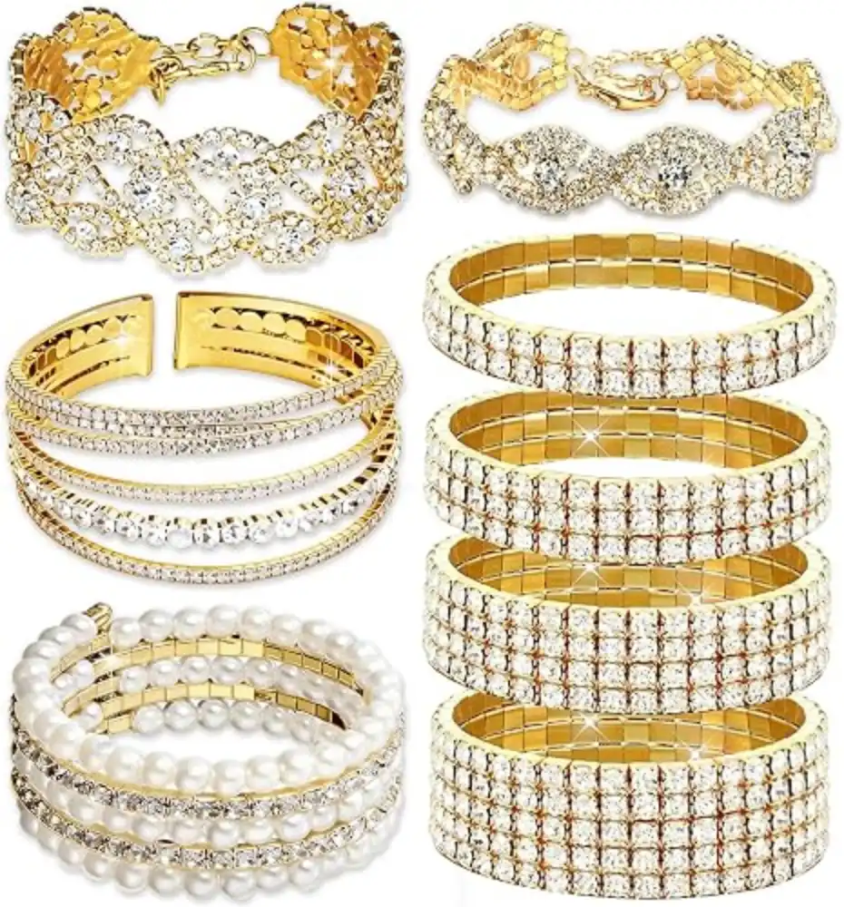 8Pcs Rhinestone Stretch Cuff Bracelet Set for Women