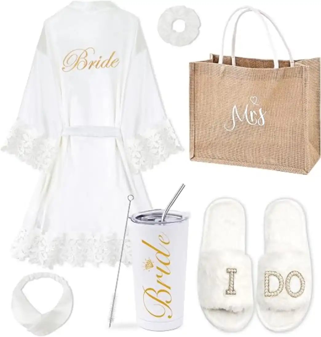 EPLAZA 6 Pcs Bride Robe Set with Slippers Tumbler Tote Lace Trim Robe