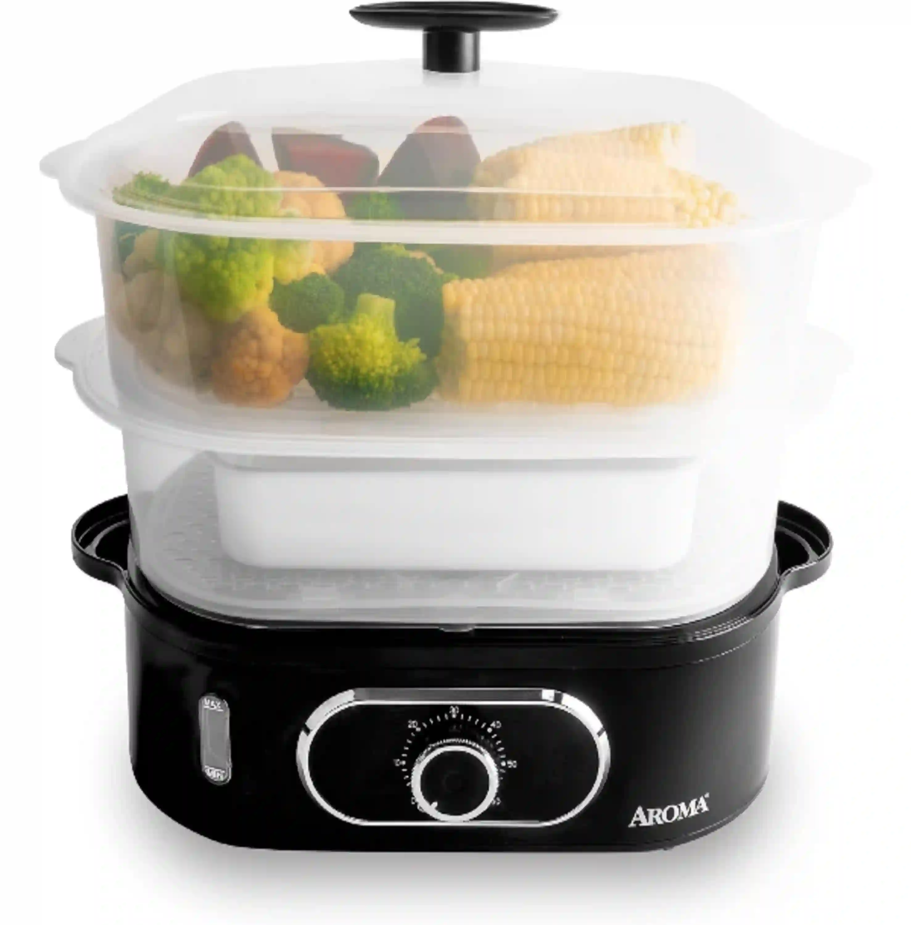 AROMA Double Food Steamer Basket and Electric Rice Steamer with Easy-Read Water Level Window