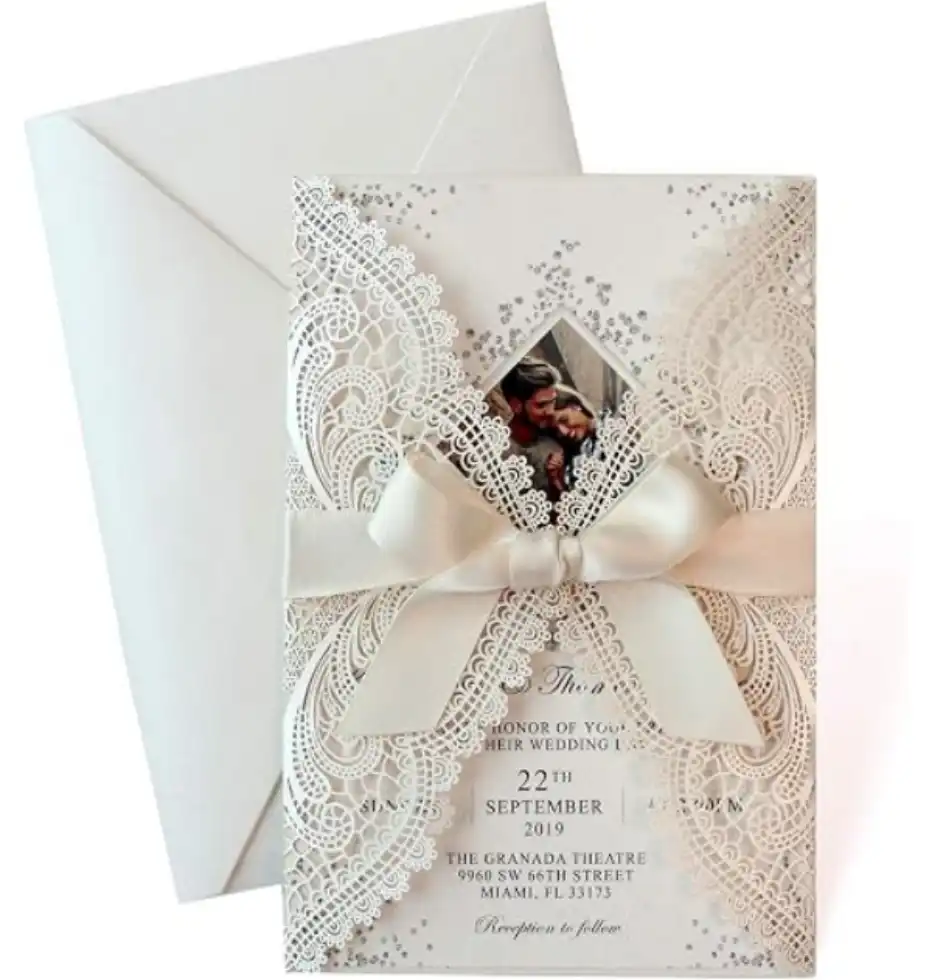 Picky Bride 25 Count Laser Cut Wedding Invitations Set with Ribbon Bows and Envelopes