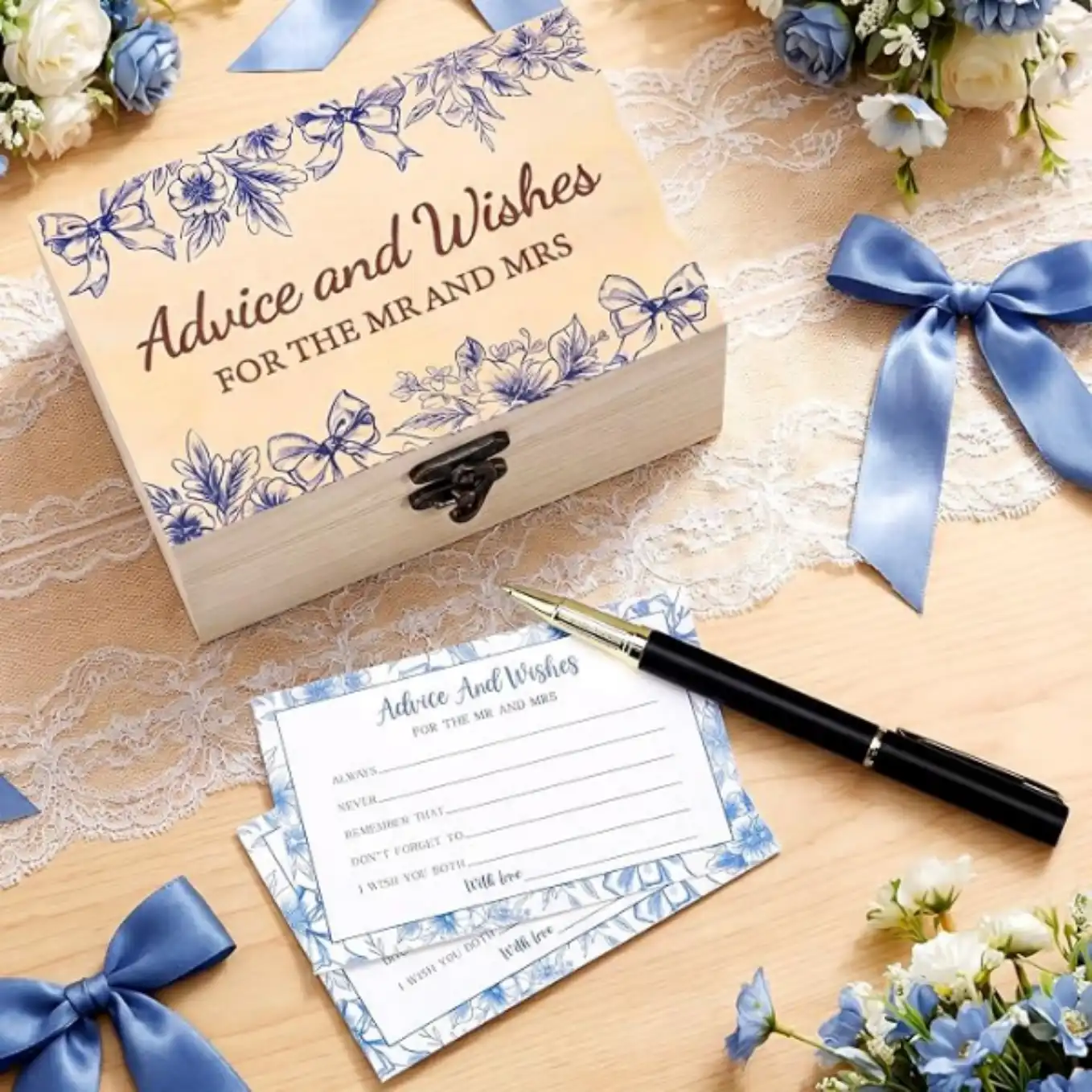 Resurhang 60 Pcs Advice Cards in Box Bridal Shower Wishes Blue Bow Floral Keepsake