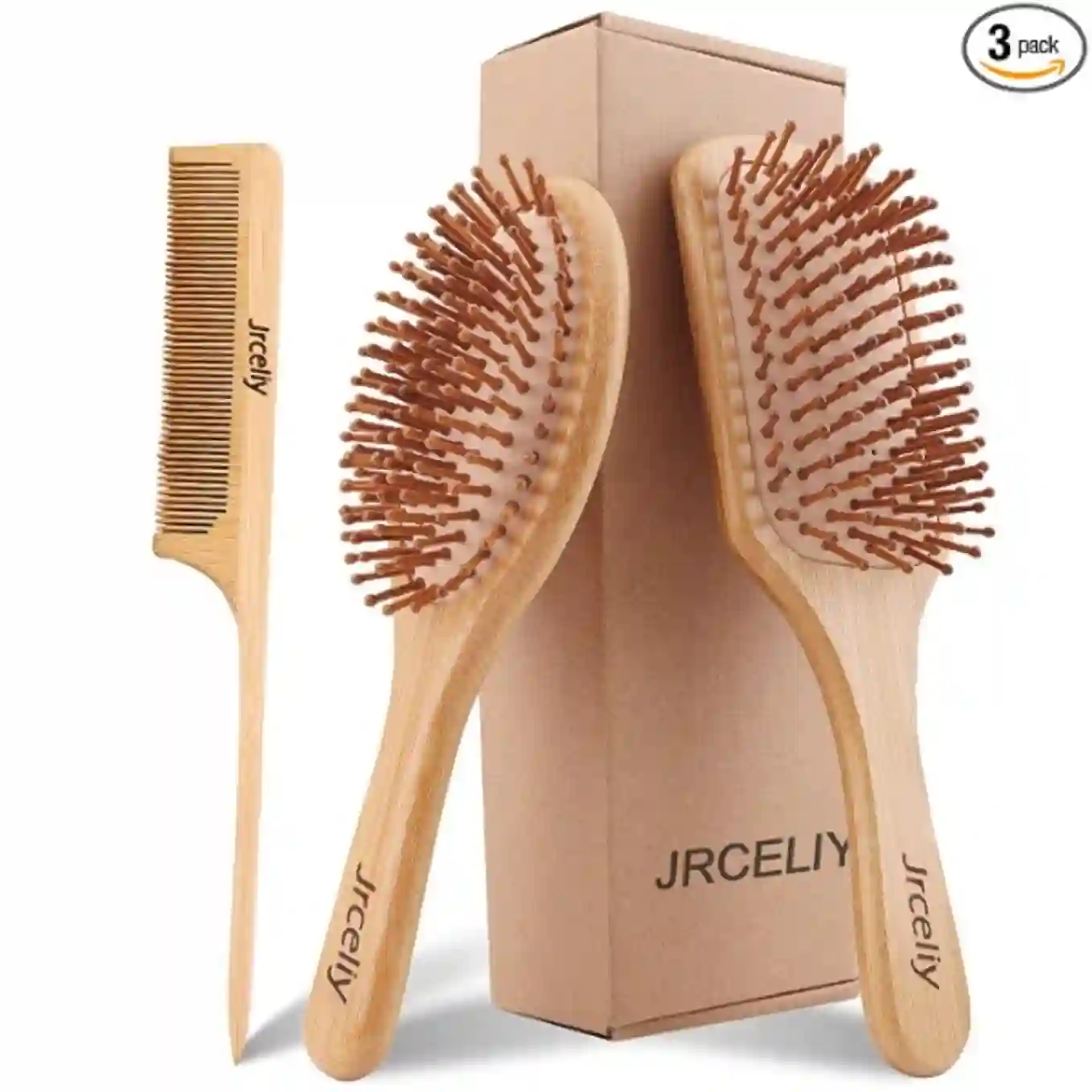3PCS Bamboo Hair Brush Set Natural Wooden Paddle Detangling Brush