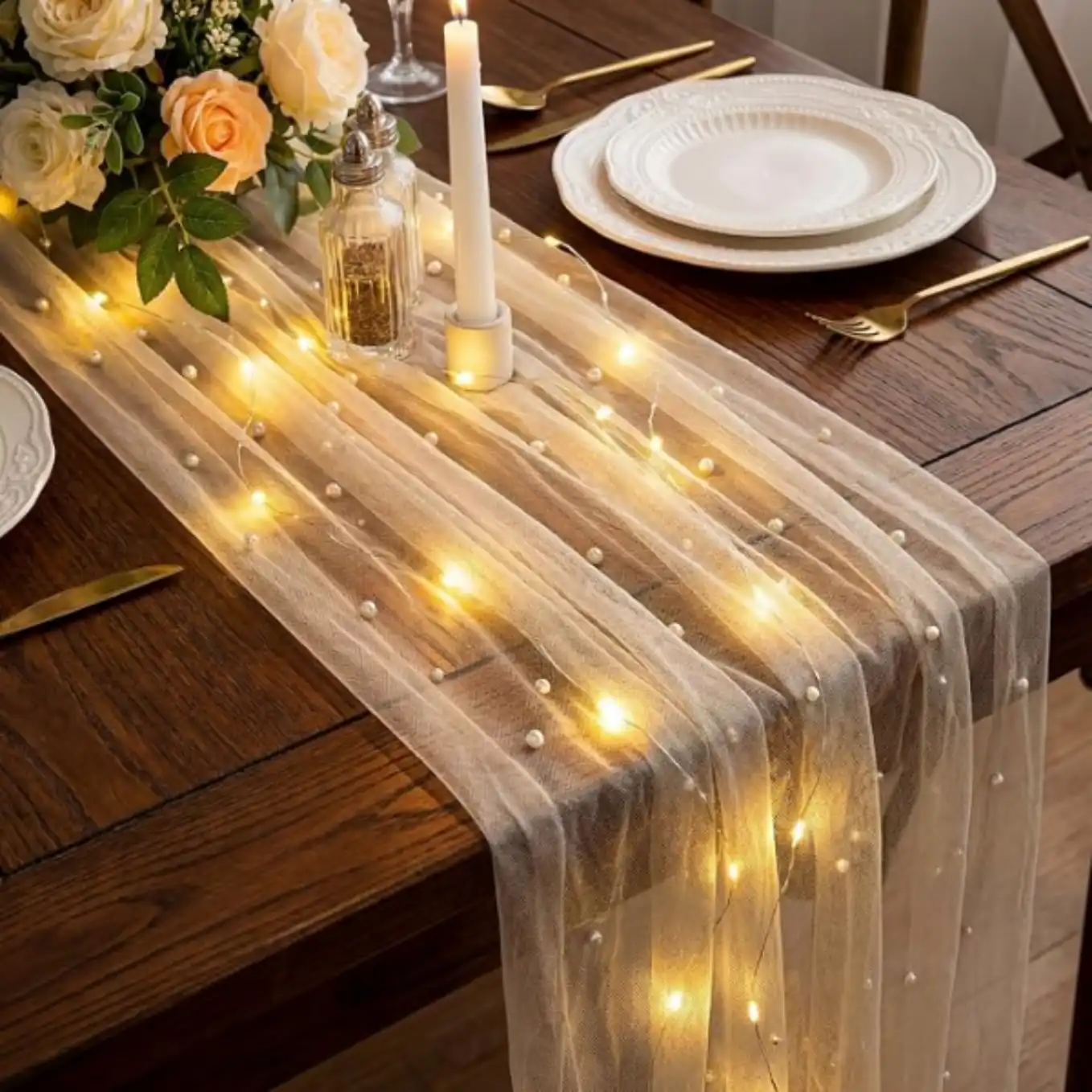 Breling 120 Inch Wedding White Pearl Tulle Table Runner with LED Lights