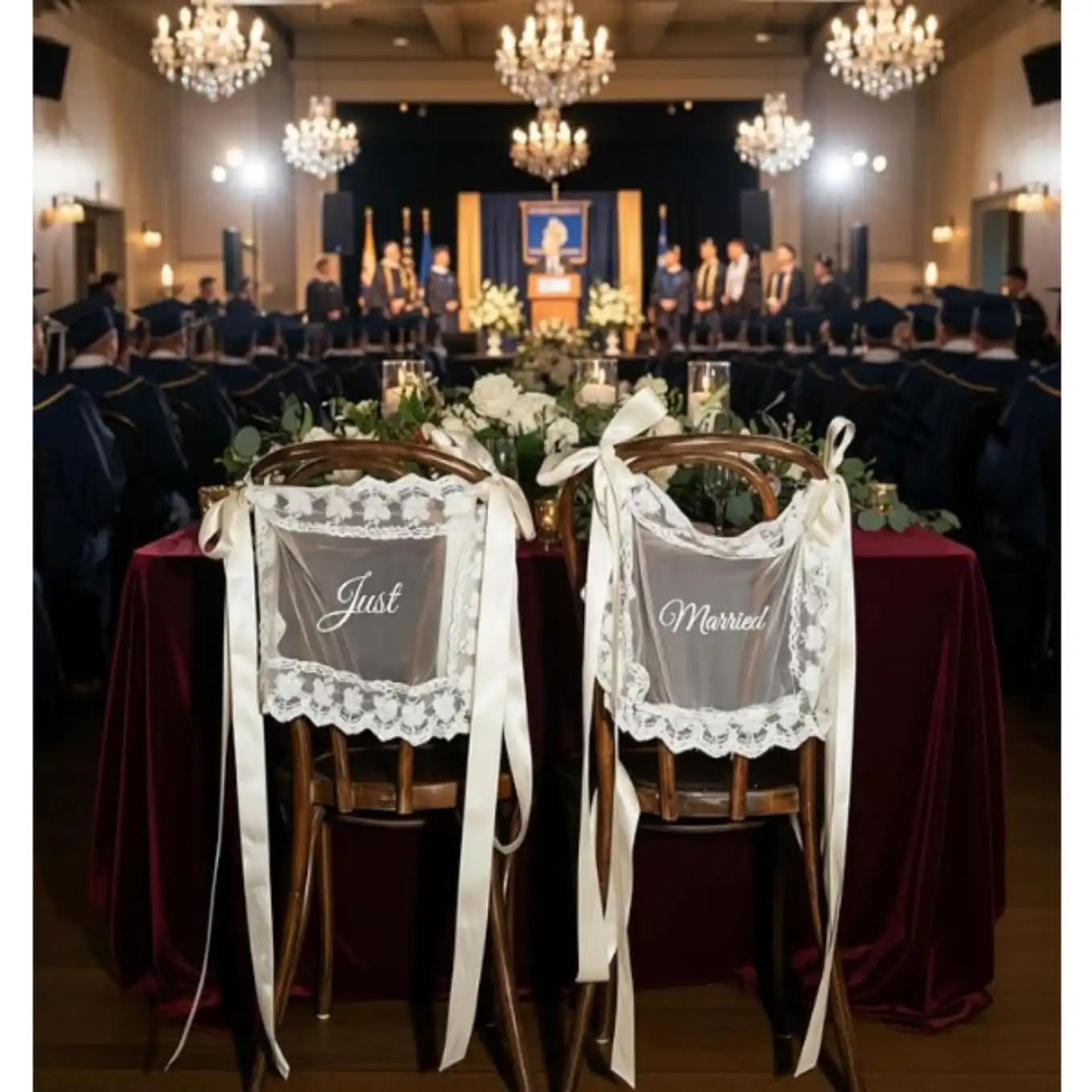 TICFICK Just Married Wedding Chair Signs Set 2 Lace Ribbon Decor