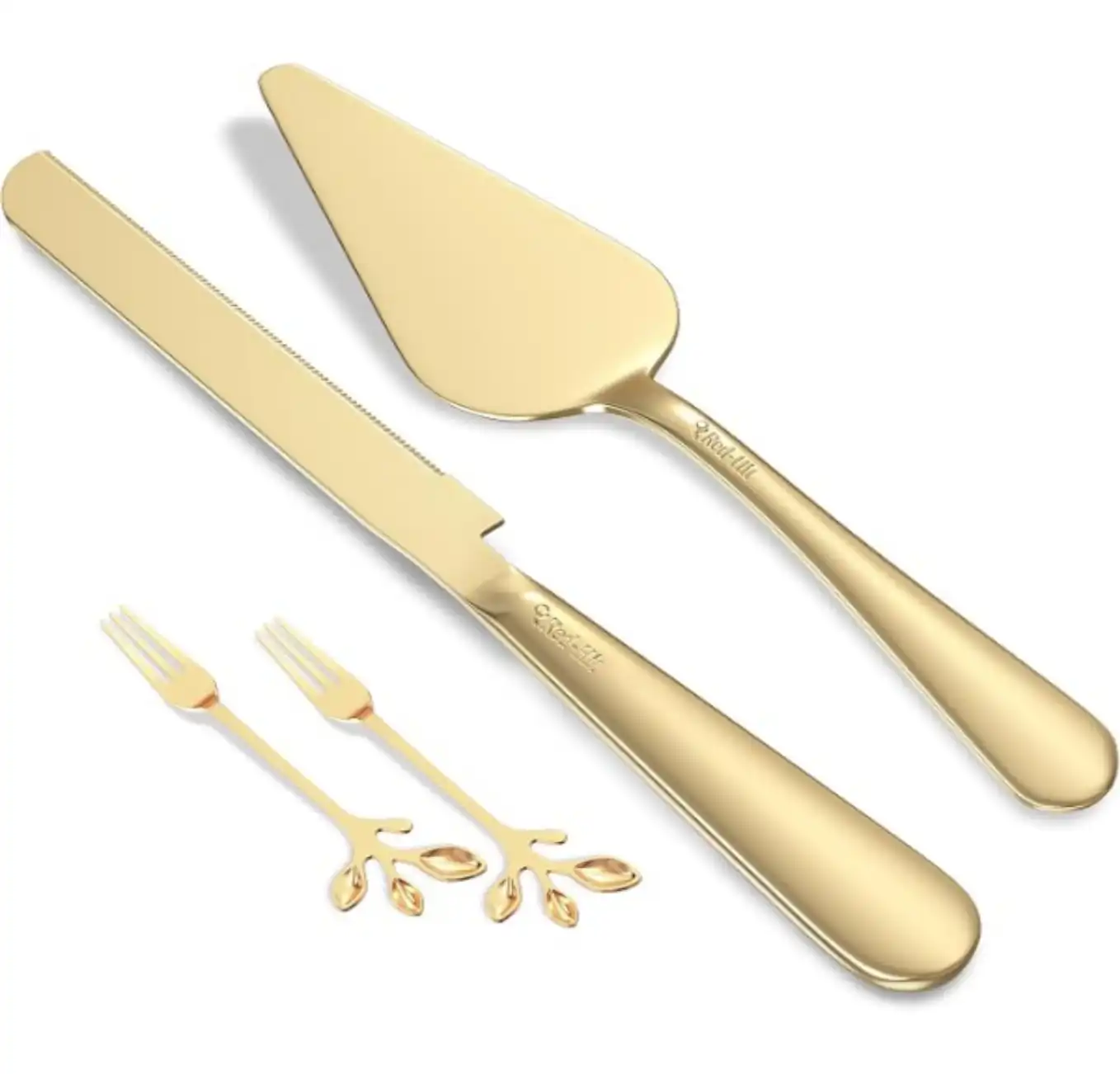 RED-HIT Elegant Gold Wedding Cake Cutting Set with Server Knife Bonus Forks and Bows