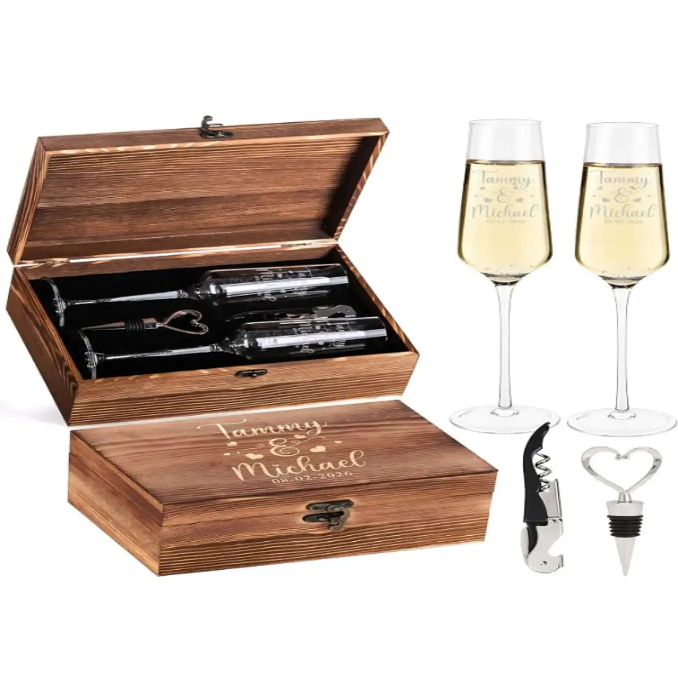 Shop4Ever Personalized Champagne Flutes Set with Engraved Wooden Keepsake Box