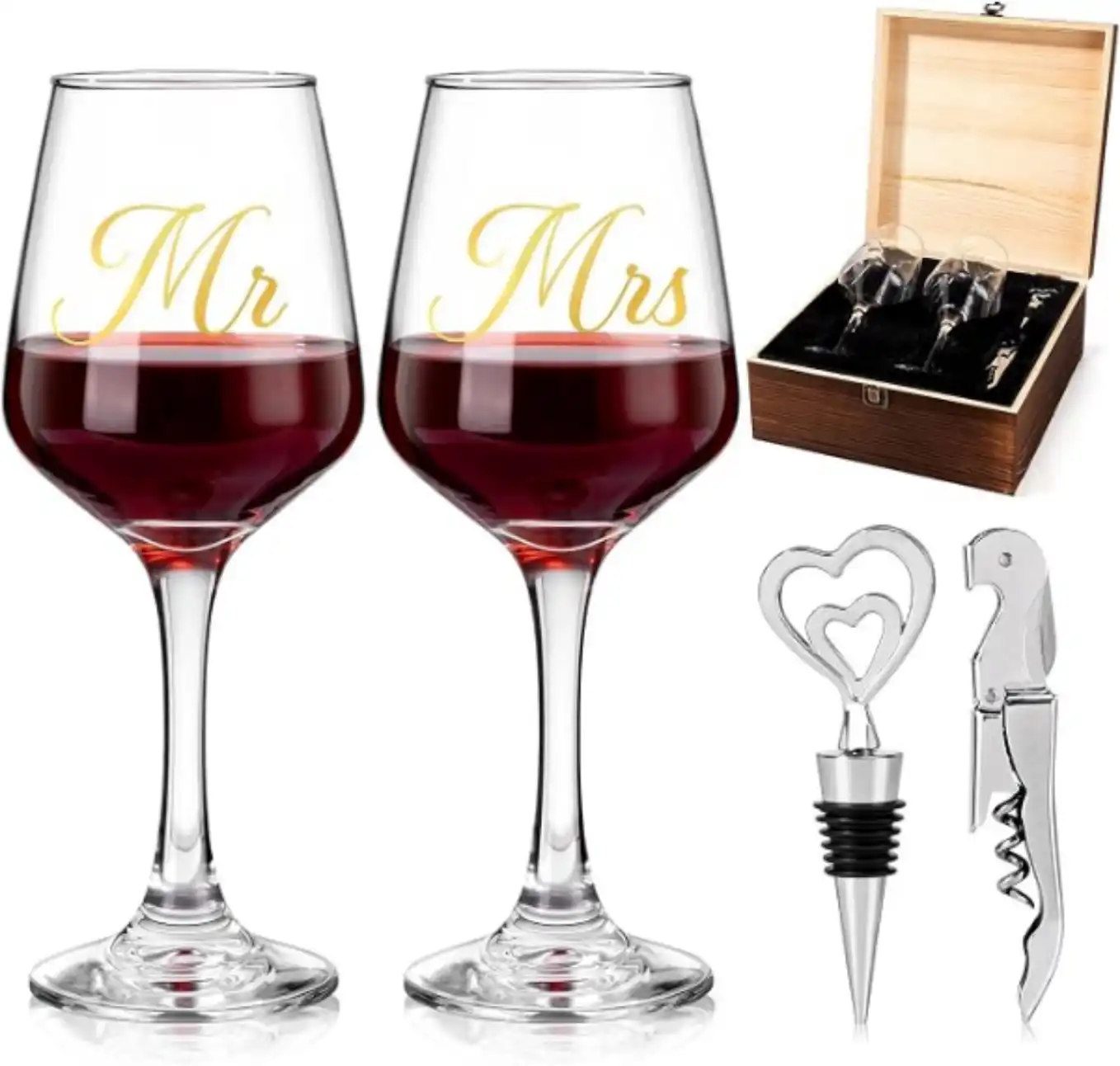 Giftissimo Mr and Mrs Wine Glasses Set with Engraved Wooden Keepsake Box Opener and Stopper