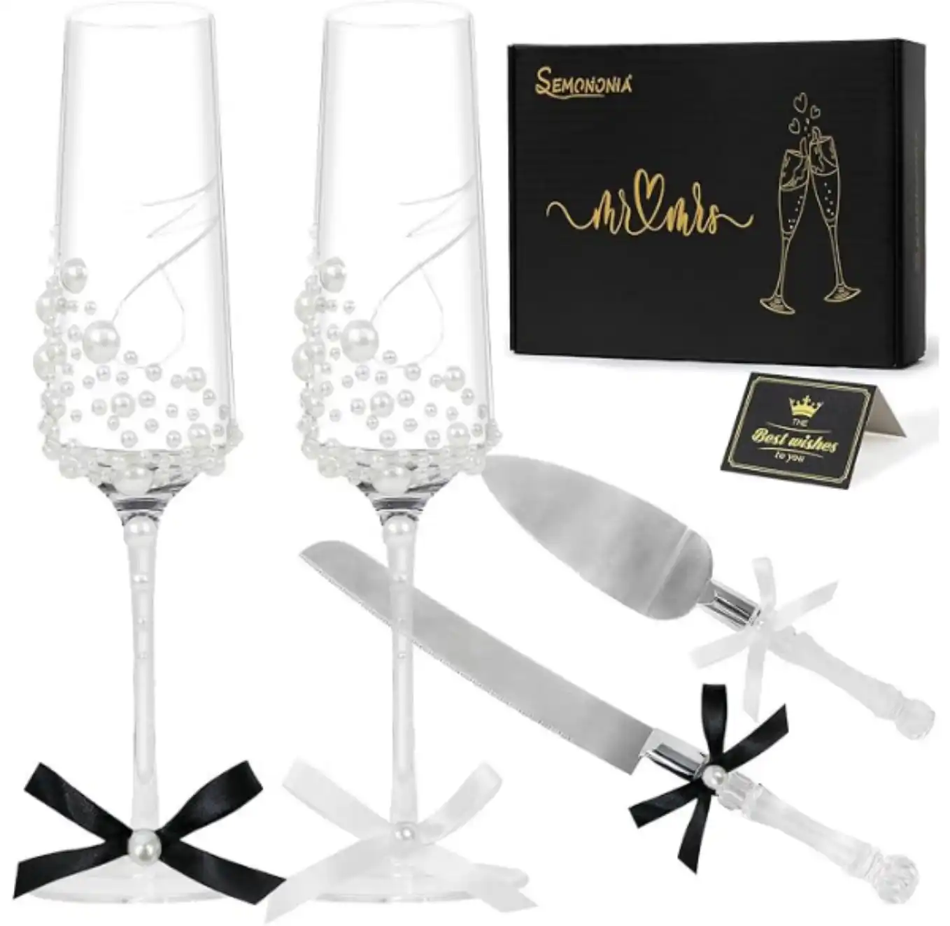 SEMONONIA Wedding Toasting Flutes and Cake Server Set of 4 Champagne Glasses Knife Set