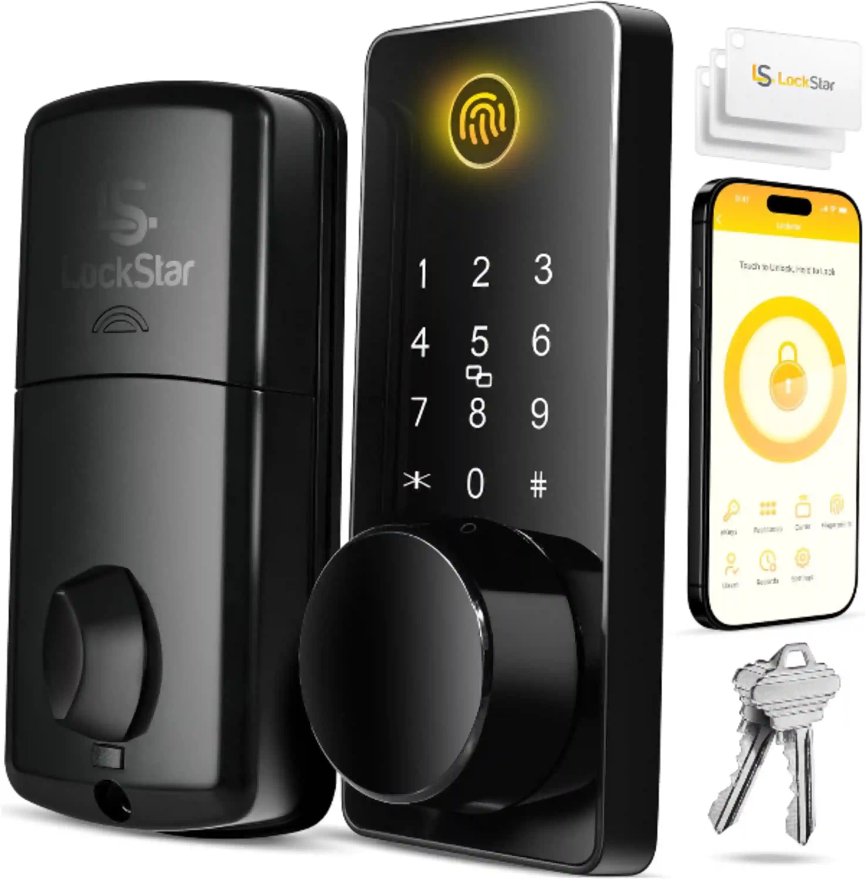 LOCKSTAR® Smart Door Lock • Keyless Entry Deadbolt Door Lock • Multiple Entry Methods – APP • Fingerprint Touch ID • Keypad Code • Card FOB • Traditional Key • Smart Home Devices